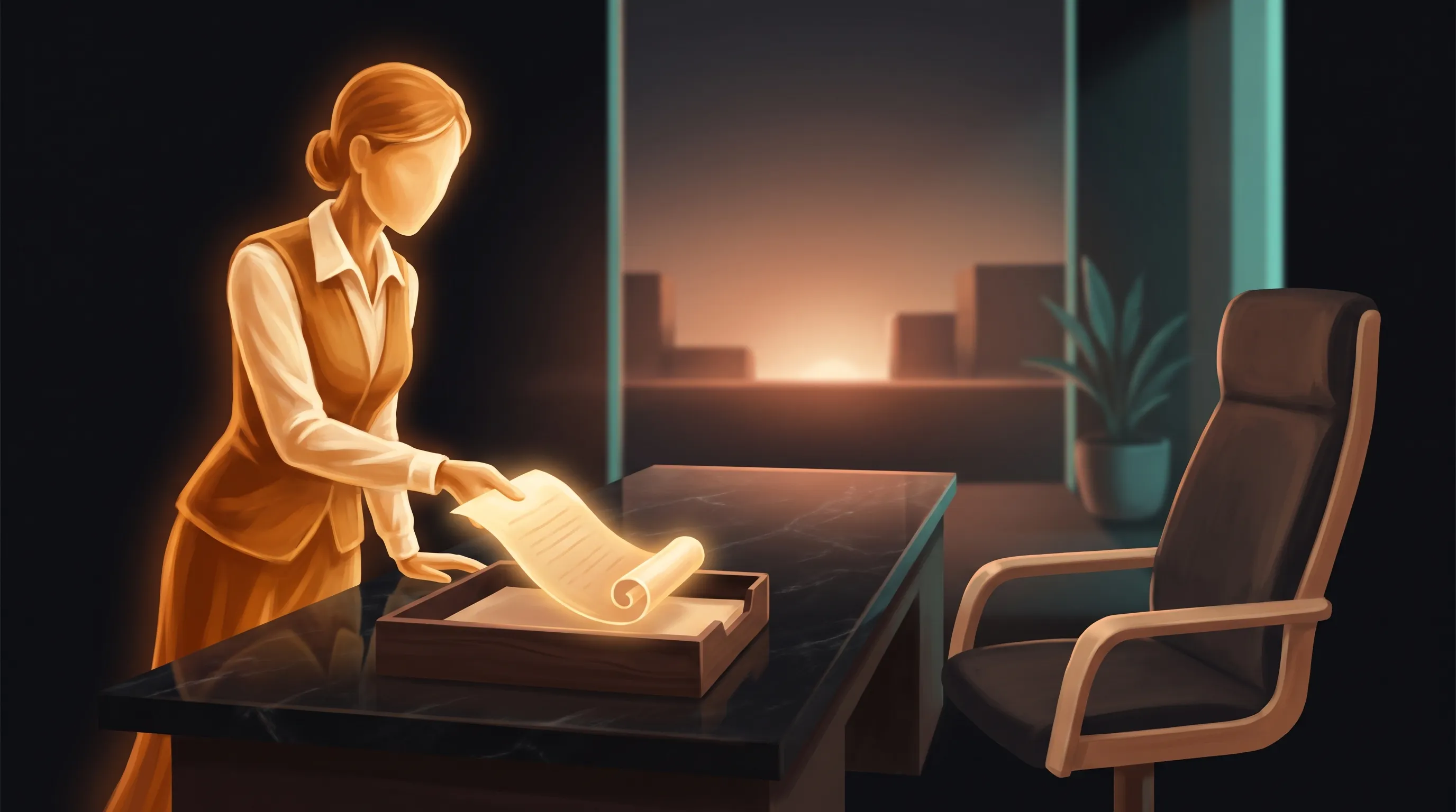 A warm amber AI employee placing a finished glowing draft into an account manager's inbox tray at dawn, the manager's chair still empty