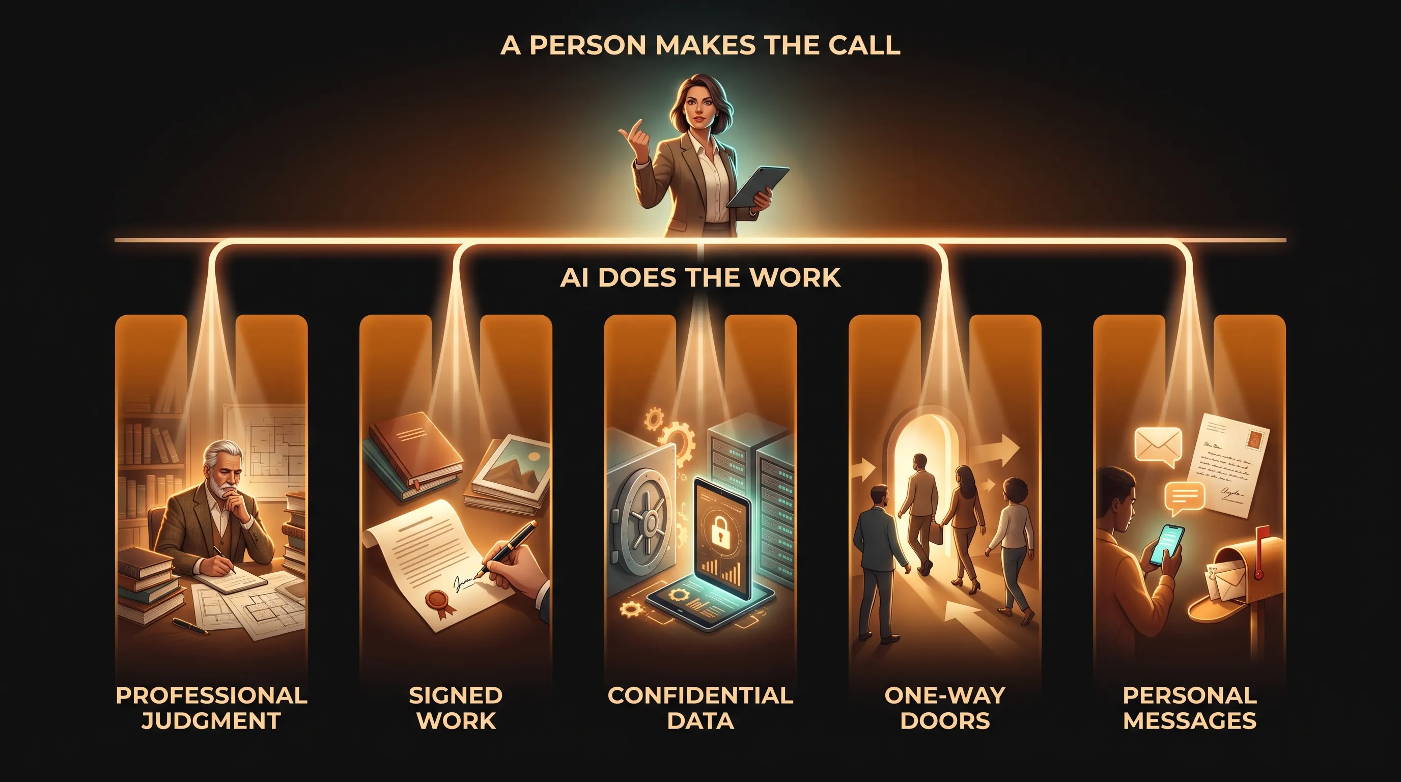 Five vertical lanes, each an amber bar rising to a bright horizontal line with a human figure on the far side: PROFESSIONAL JUDGMENT, SIGNED WORK, CONFIDENTIAL DATA, ONE-WAY DOORS, PERSONAL MESSAGES, line labeled AI DOES THE WORK below and A PERSON MAKES THE CALL above