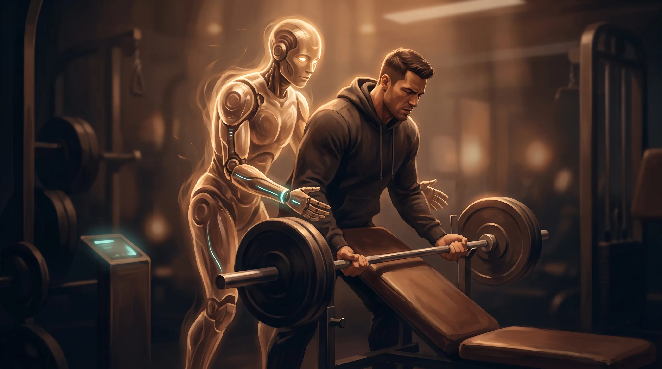A warm amber AI employee standing behind a business owner at a gym bench like a spotter, hands hovering close while the owner's own hands lift the bar