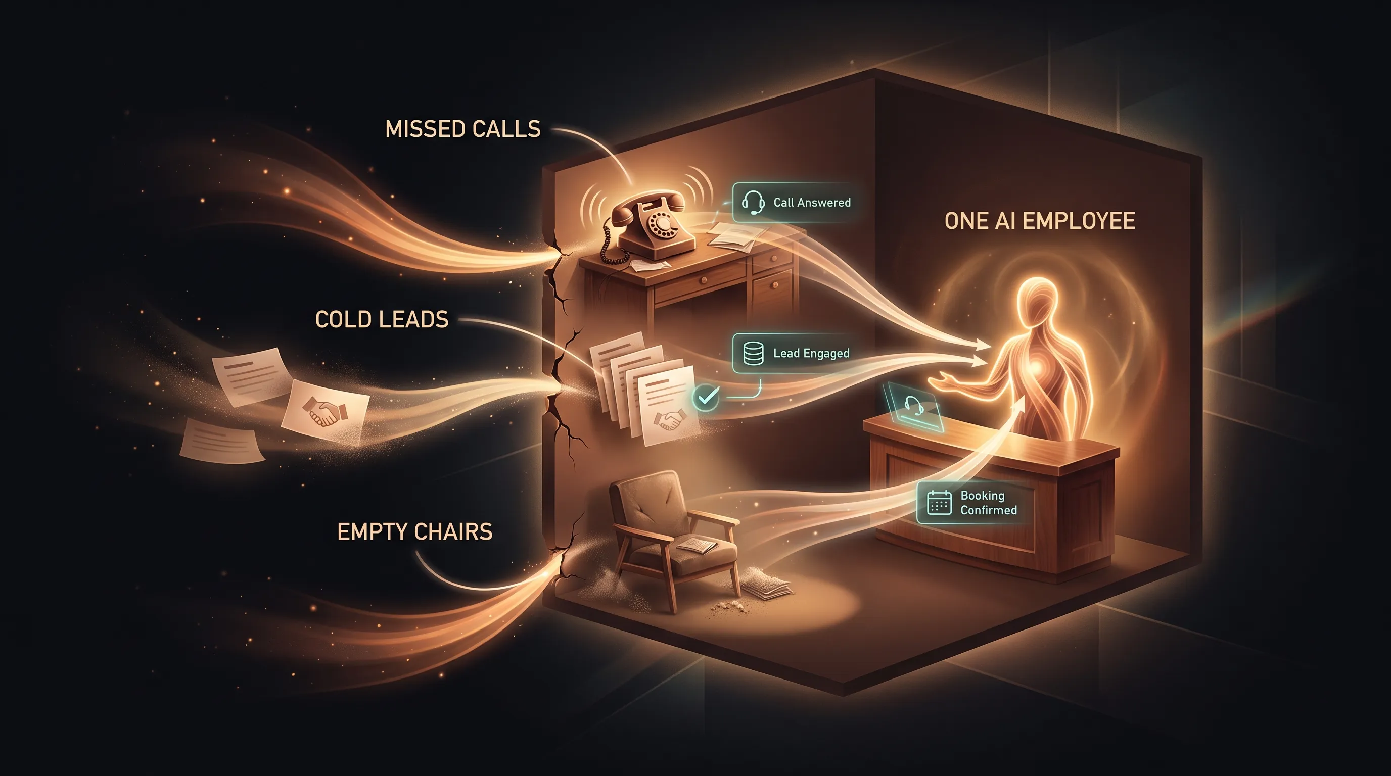 Three losses draining from a small business, missed calls, cold leads, and empty chairs, sealed by a single warm glowing AI employee at the front desk