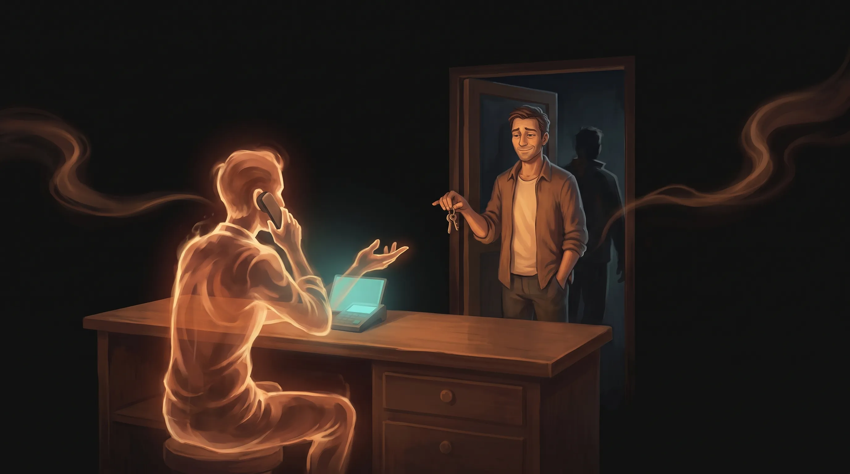 A small-business owner at a quiet front desk after hours while a warm glowing amber AI employee answers the phone and greets a visitor, faint unbilled losses fading into the dark background