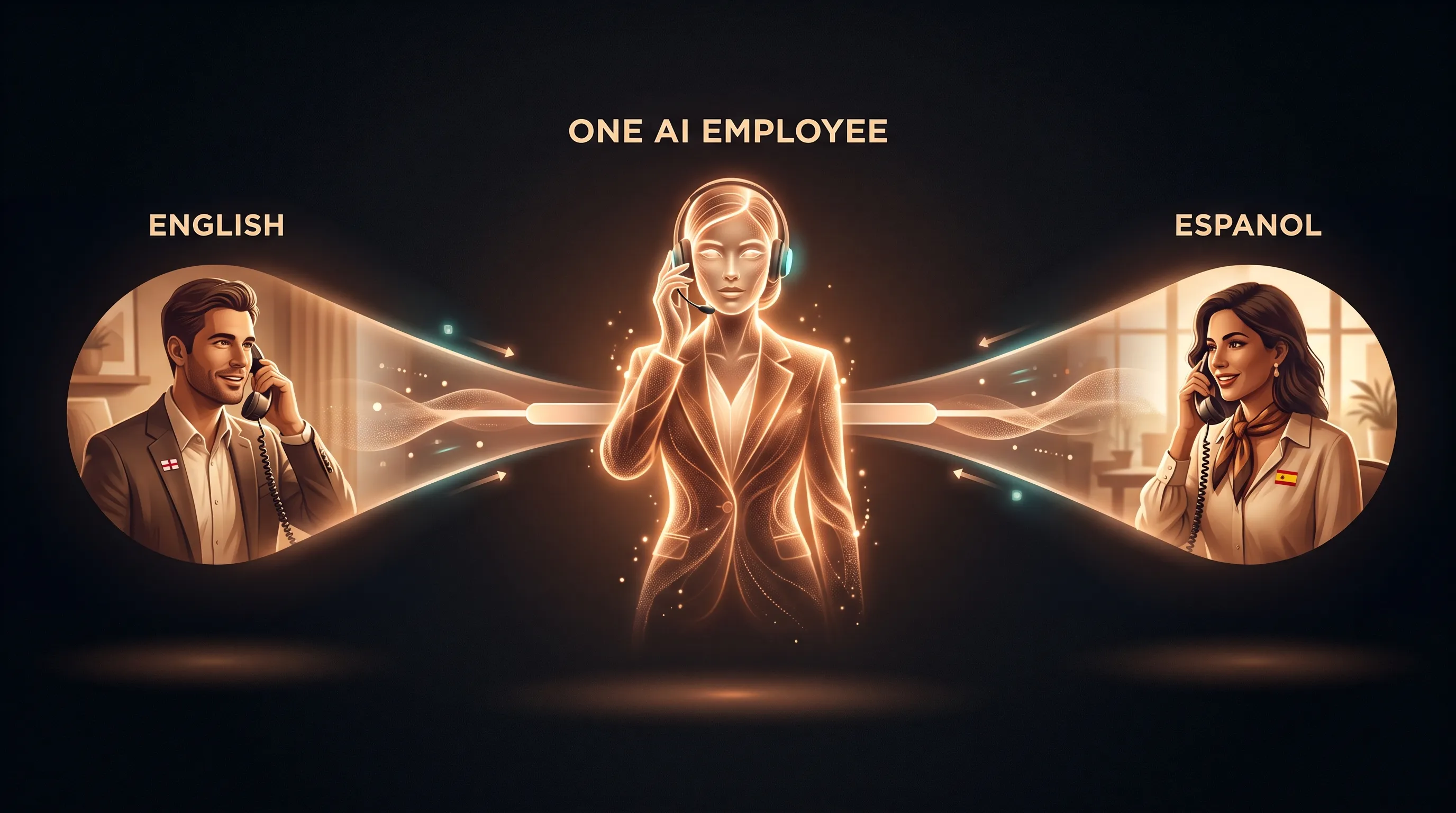 One warm amber AI employee at the center, answering two callers at once, one speaking English and one speaking Spanish, both fully served without a handoff