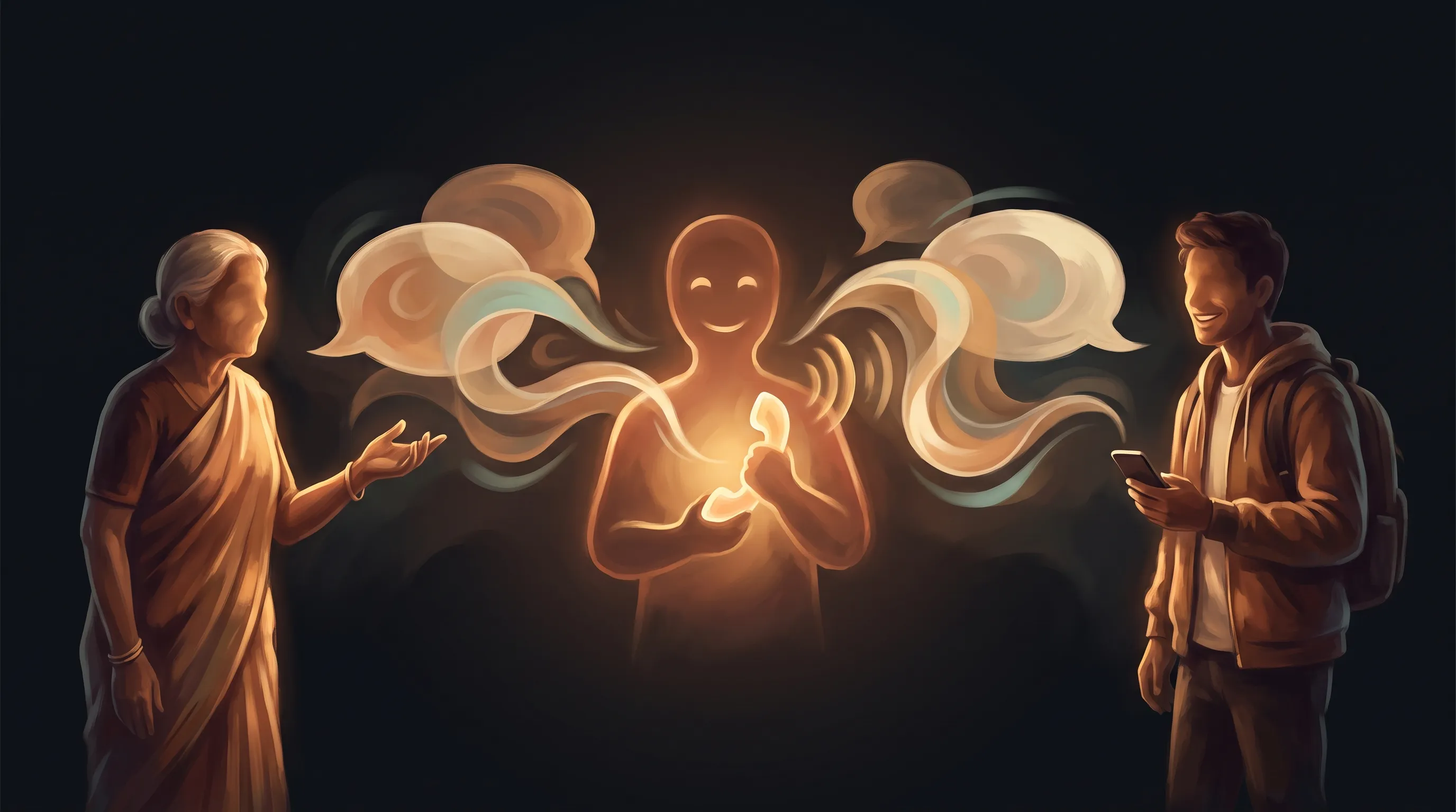 A warm amber AI employee on a phone call with speech in both English and Spanish flowing naturally between the caller and the business, one voice serving both