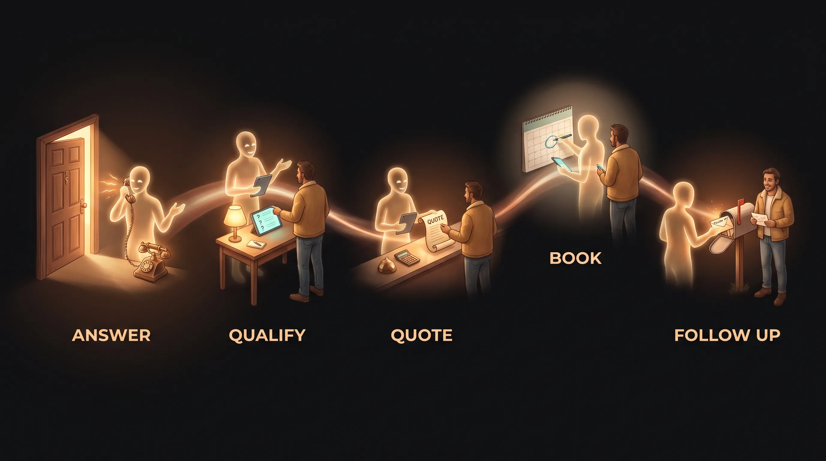 A single warm amber AI employee moving a caller through four connected rooms past the front door, labeled qualify, quote, book, and follow up, each feeding into the business's own systems