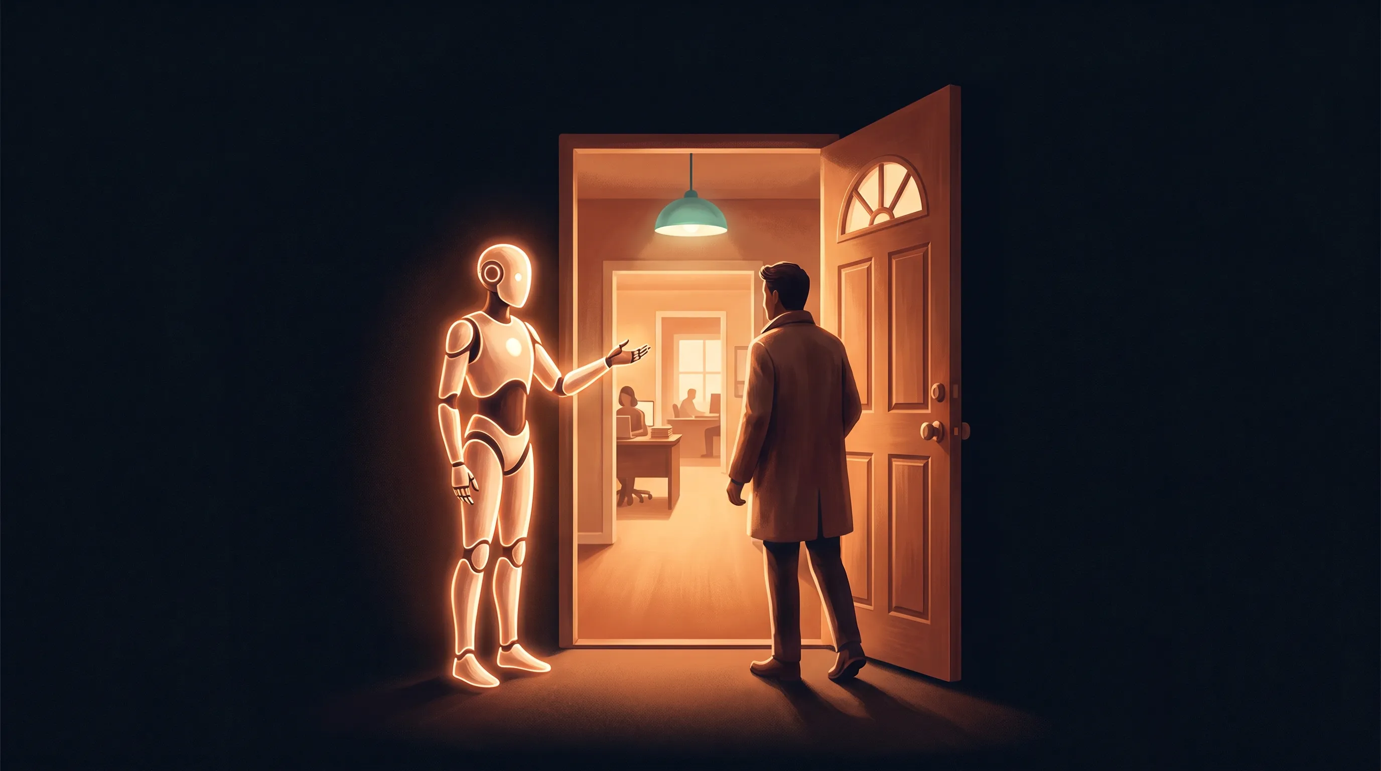 A warm amber AI employee standing at the open front door of a business, with the rooms beyond it labeled by the work that follows a call: qualifying, quoting, booking, and following up