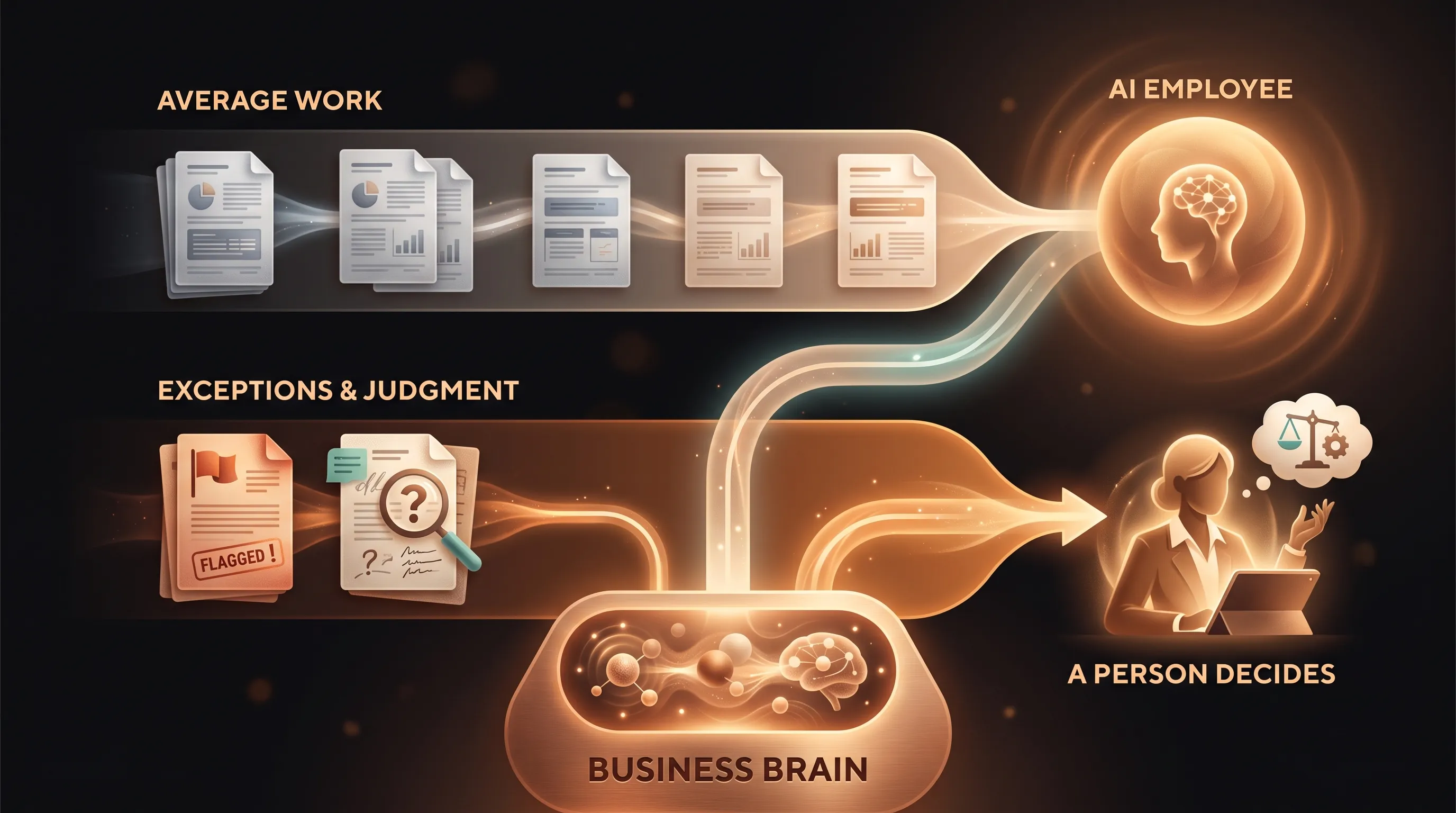 Two lanes: average, standardized work routes to an AI employee that handles it, while exceptions and judgment calls route to a person; both draw from a shared Business Brain that stores the company's own rules and quirks