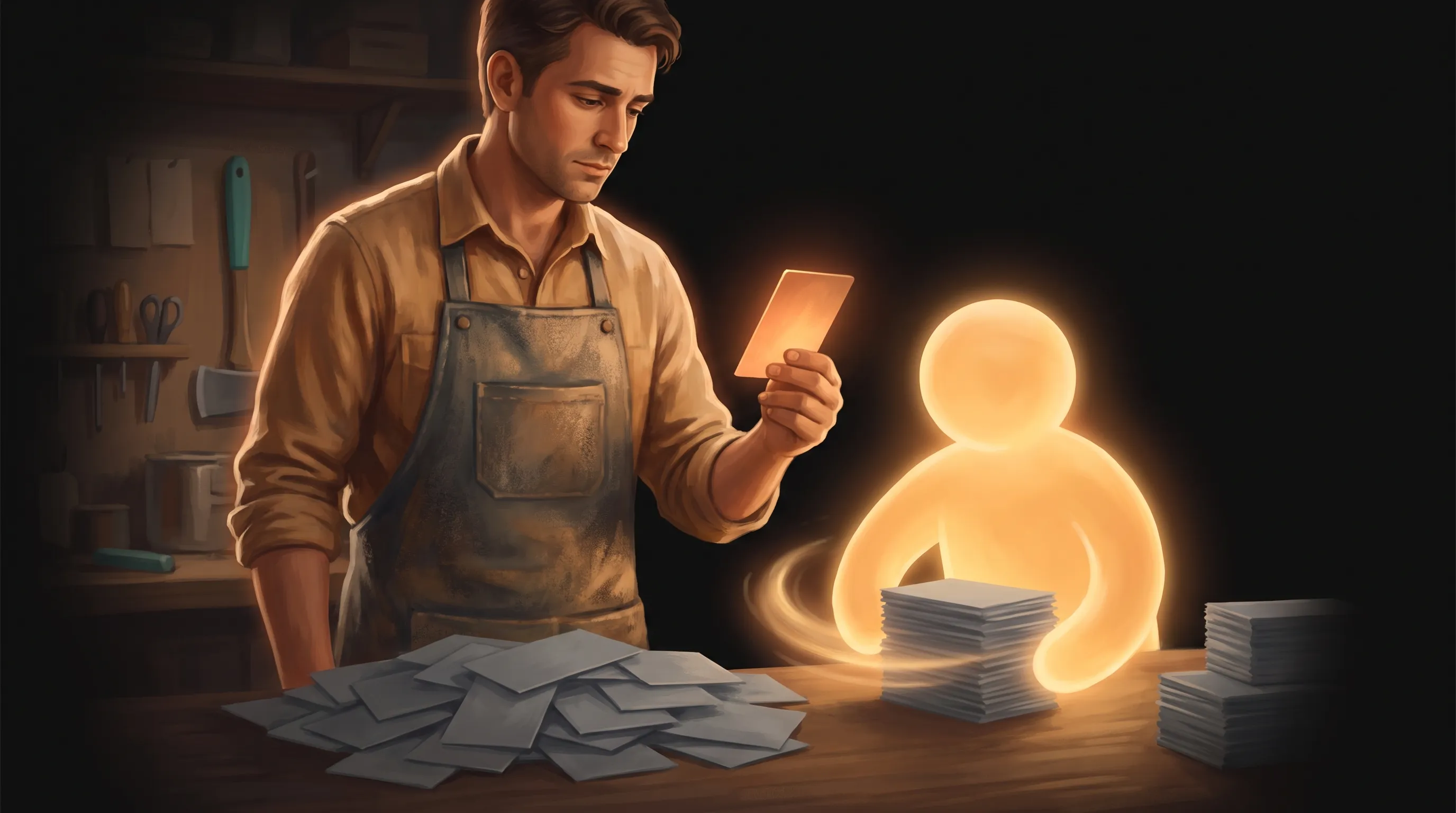 Rows of identical dim grey answer cards sitting on a workbench while a single warm amber card glows in an owner's hand, an AI employee handling the routine pile beside them