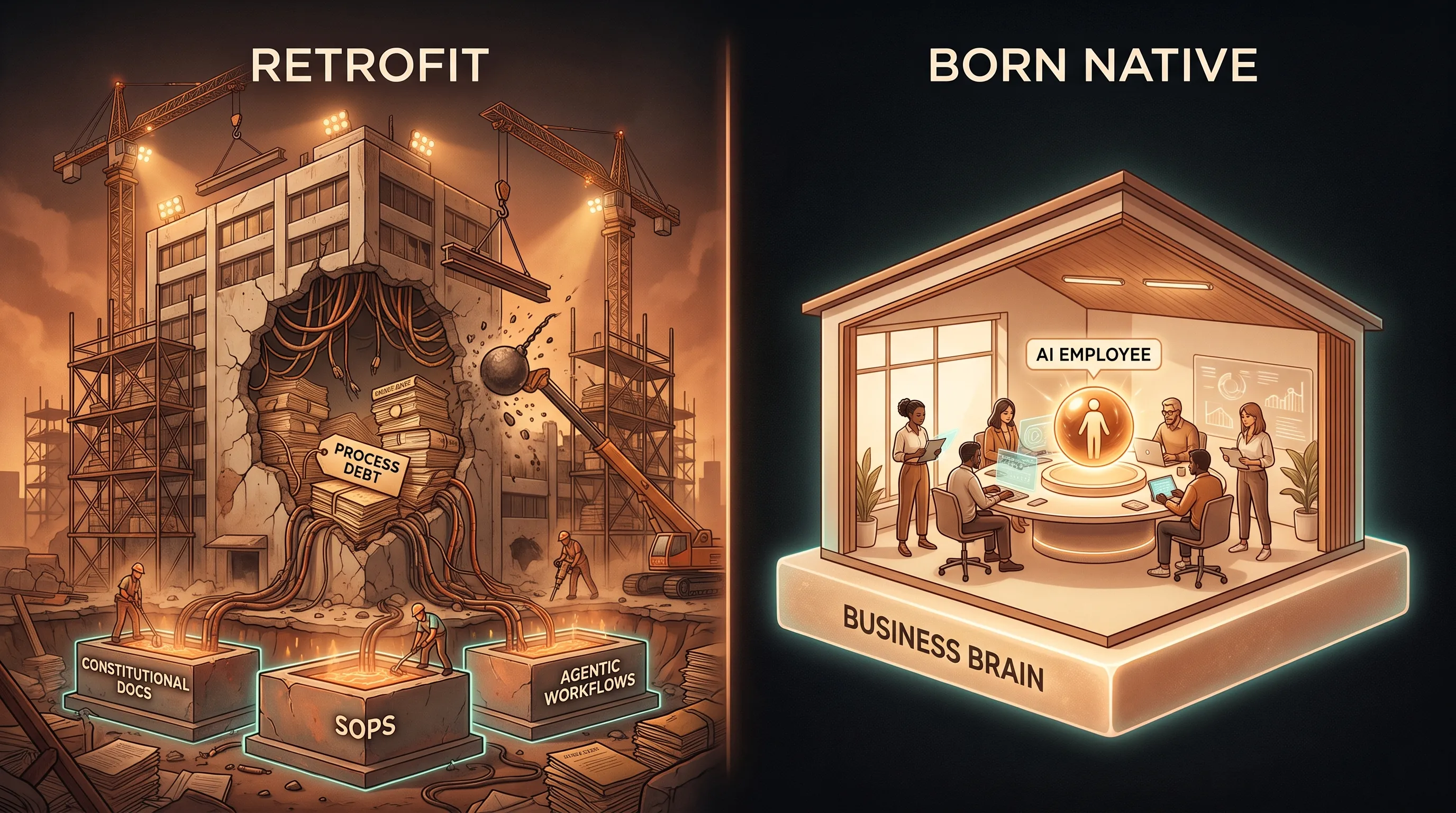Two AI-native paths side by side: an enterprise with decades of process debt demolishing and rebuilding into constitutional documents and thousands of agentic workflows, versus a six-person founder-led shop adding a single glowing AI-employee node running on a Business Brain, built around it from day one