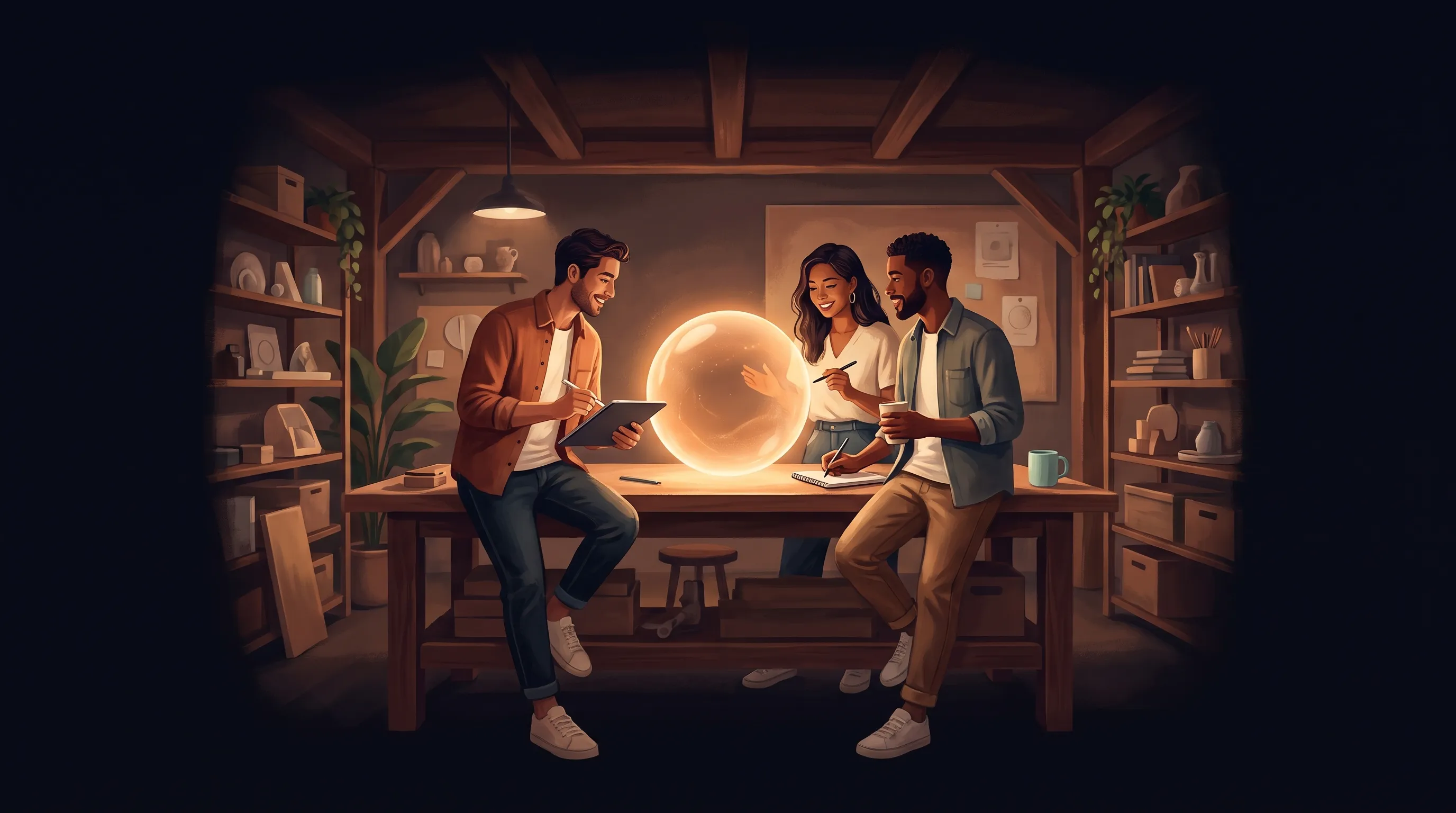 A small founder-led company rendered as a compact circuit organism with a single AI-employee node glowing at its core from the start
