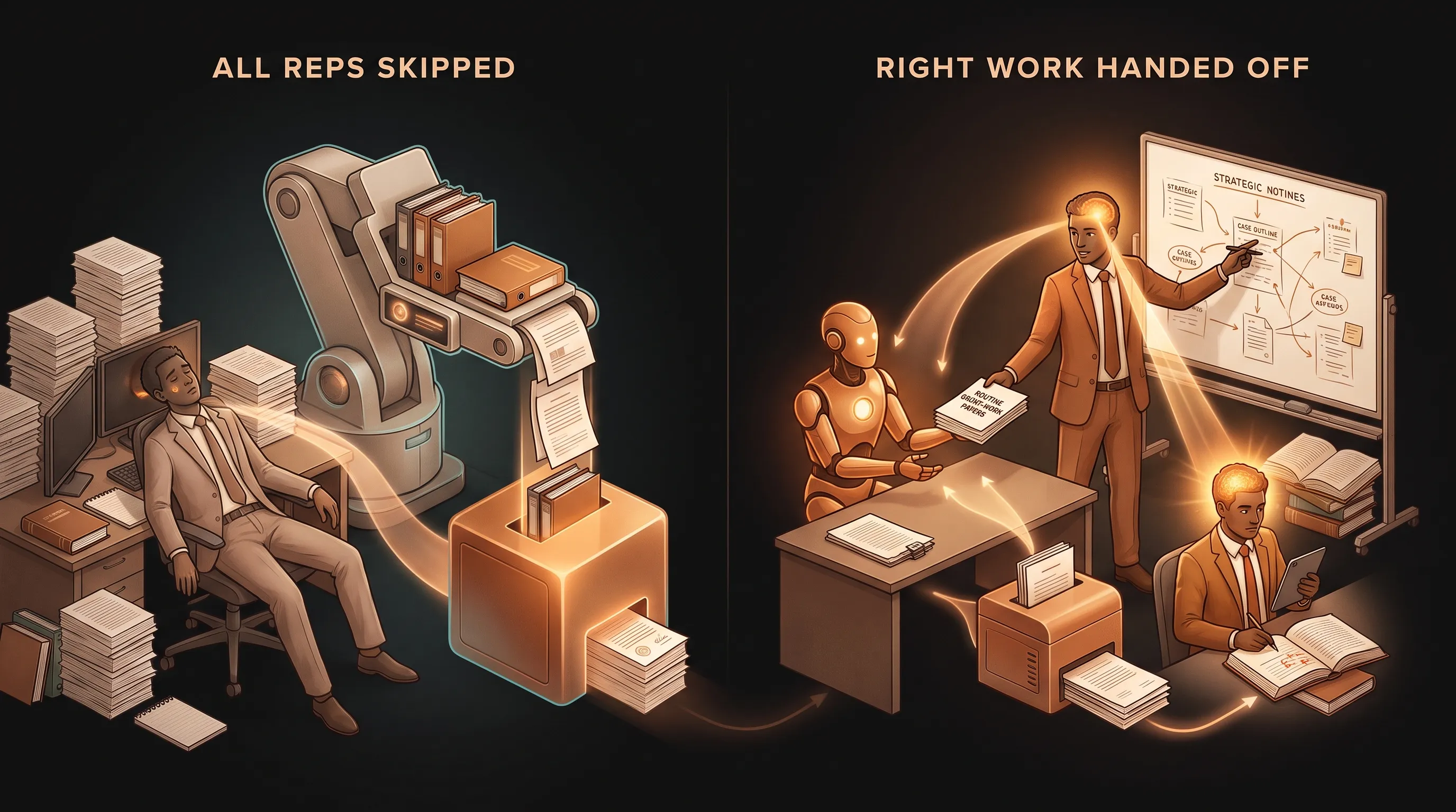 Two paths for a junior associate: on the left, every task handed to AI and copied whole, the associate's judgment fading, labeled ALL REPS SKIPPED; on the right, the AI employee takes the routine grunt work while the associate keeps the argument and strategy, judgment growing, labeled RIGHT WORK HANDED OFF