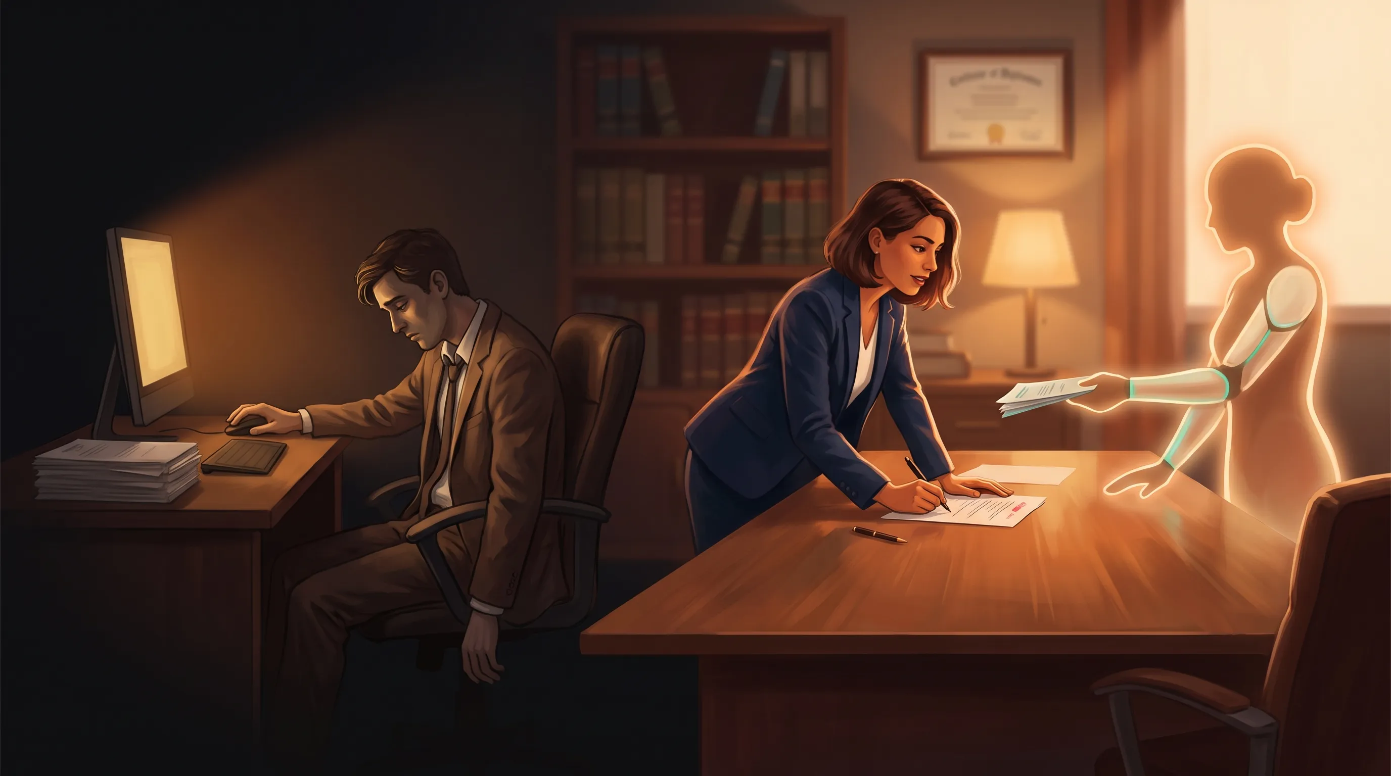 A split scene in a warm law office: on one side an associate passively copying finished work from a glowing screen, judgment fading; on the other, an associate arguing and editing while a warm amber AI employee hands over only the routine grunt work