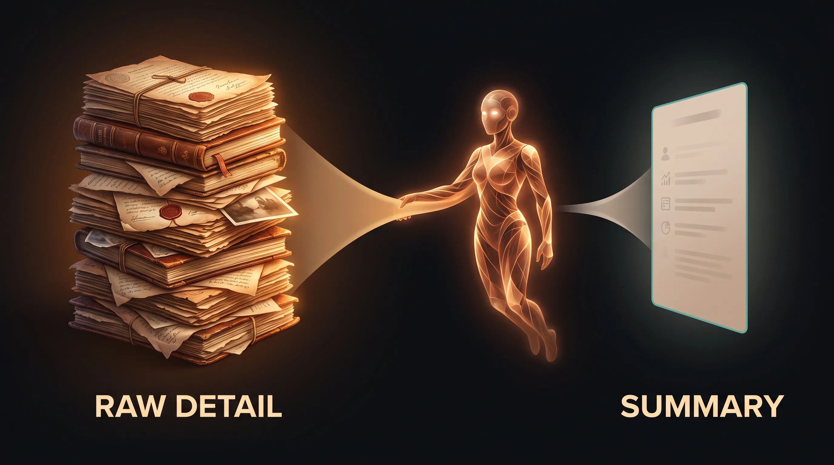 A rich, thick stack of real records versus a thin summary card that has lost the important details, with a warm amber AI employee reaching into the full stack to answer a specific question