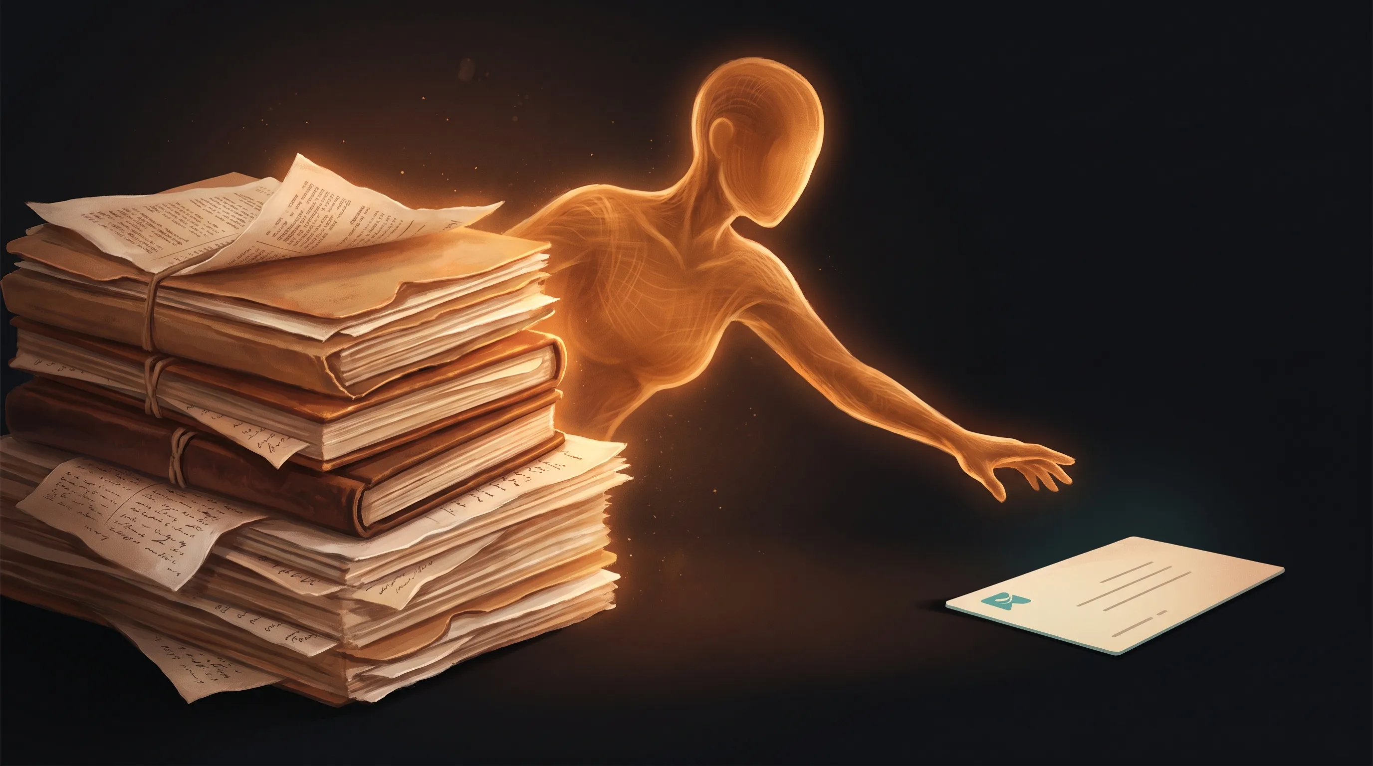 A thick, detailed stack of real business records on one side and a thin one-page summary on the other, with a warm amber AI employee reaching for the rich stack instead of the thin card