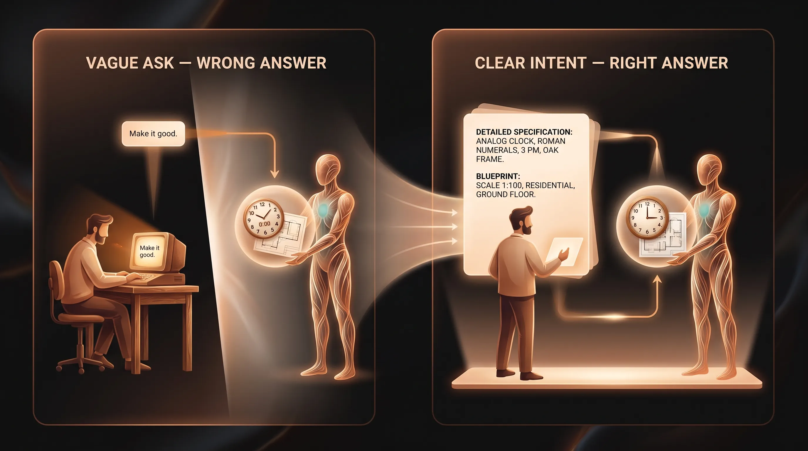 On the left, an owner types a short vague request and a glowing amber AI employee returns confident work that is subtly wrong, a widening gap of light between them; on the right, the owner's standard is written on a shared page between them and the same AI employee returns work that matches, the gap closed