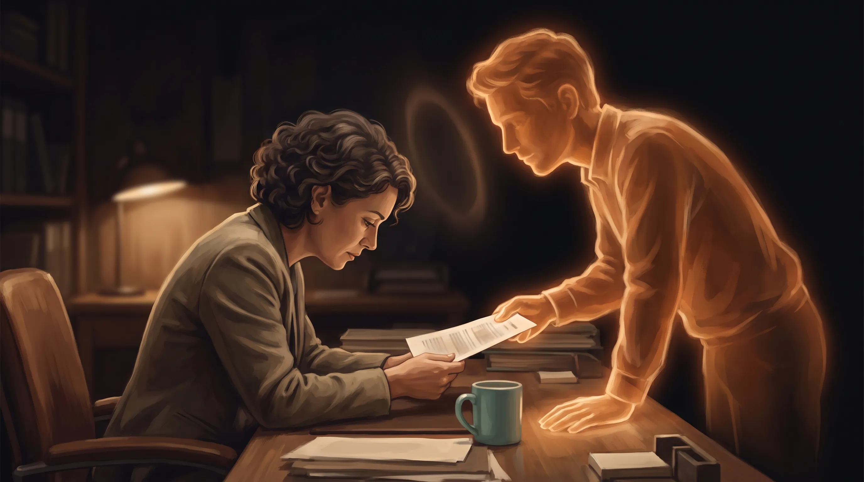 A small-business owner at a desk watching a warm amber AI employee hand back work that is almost-but-not-quite right, a faint gap of light between the owner's head and the glowing figure, versus the same pair aligned once the standard is written down between them