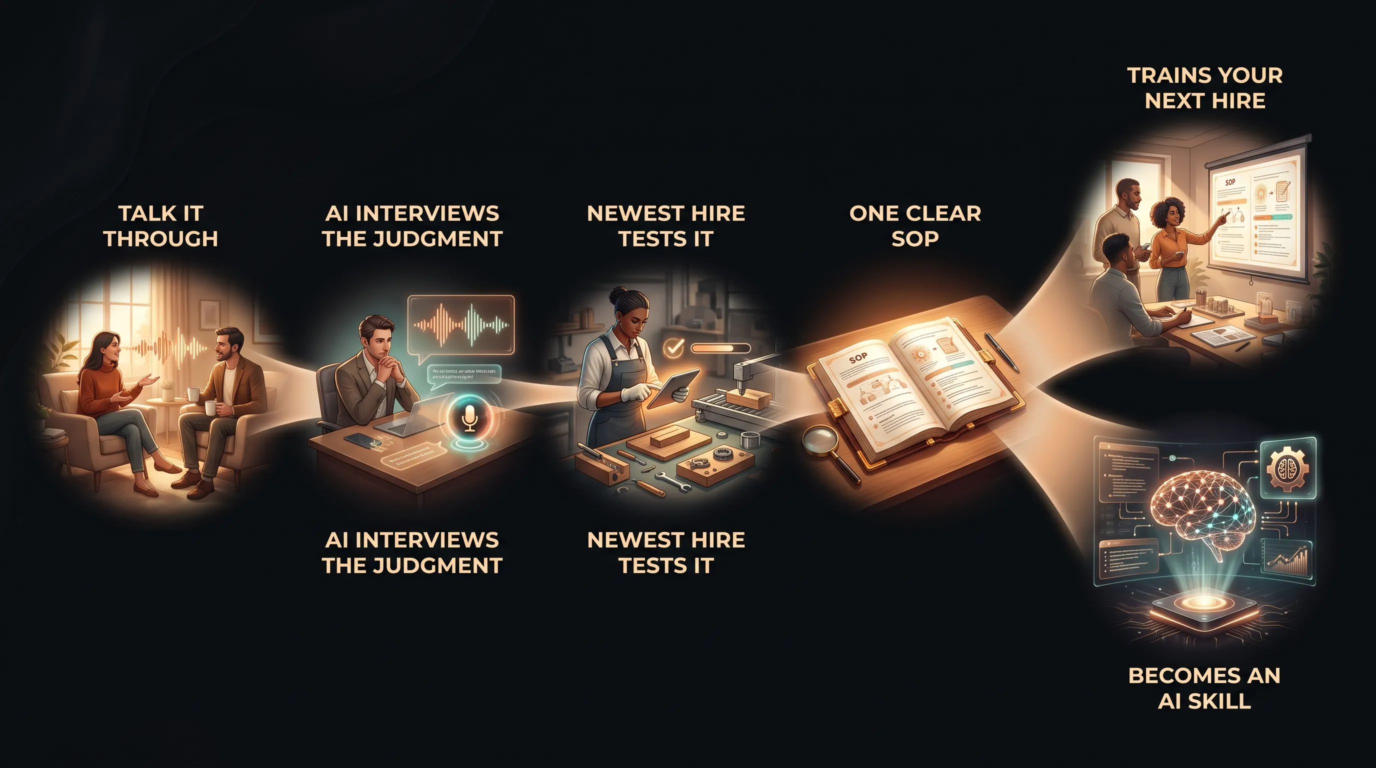 A left-to-right pipeline feeding one document then forking: TALK IT THROUGH, AI INTERVIEWS THE JUDGMENT, NEWEST HIRE TESTS IT, ONE CLEAR SOP, which splits into TRAINS YOUR NEXT HIRE and BECOMES AN AI SKILL