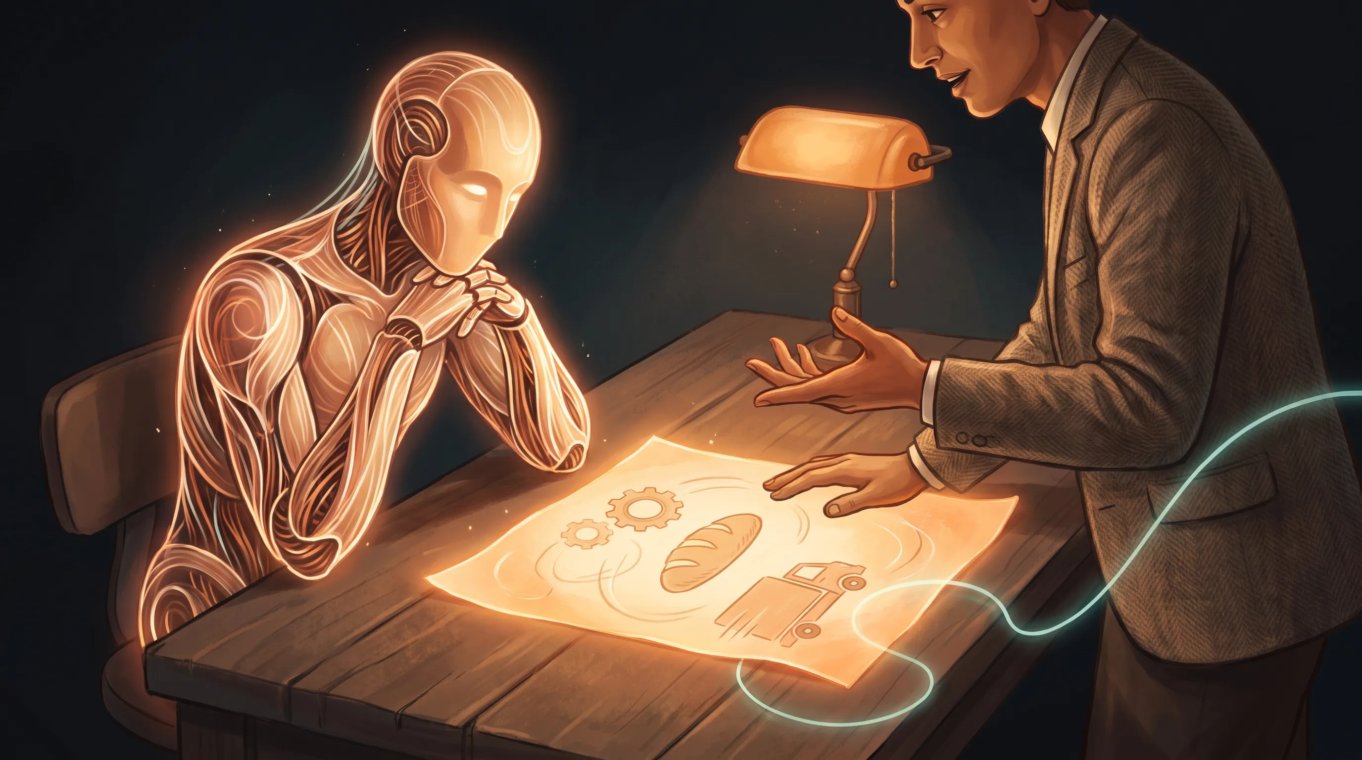 A warm amber AI employee at a workbench listening as a small-business owner narrates a task with their hands, turning the spoken steps into a single glowing page between them