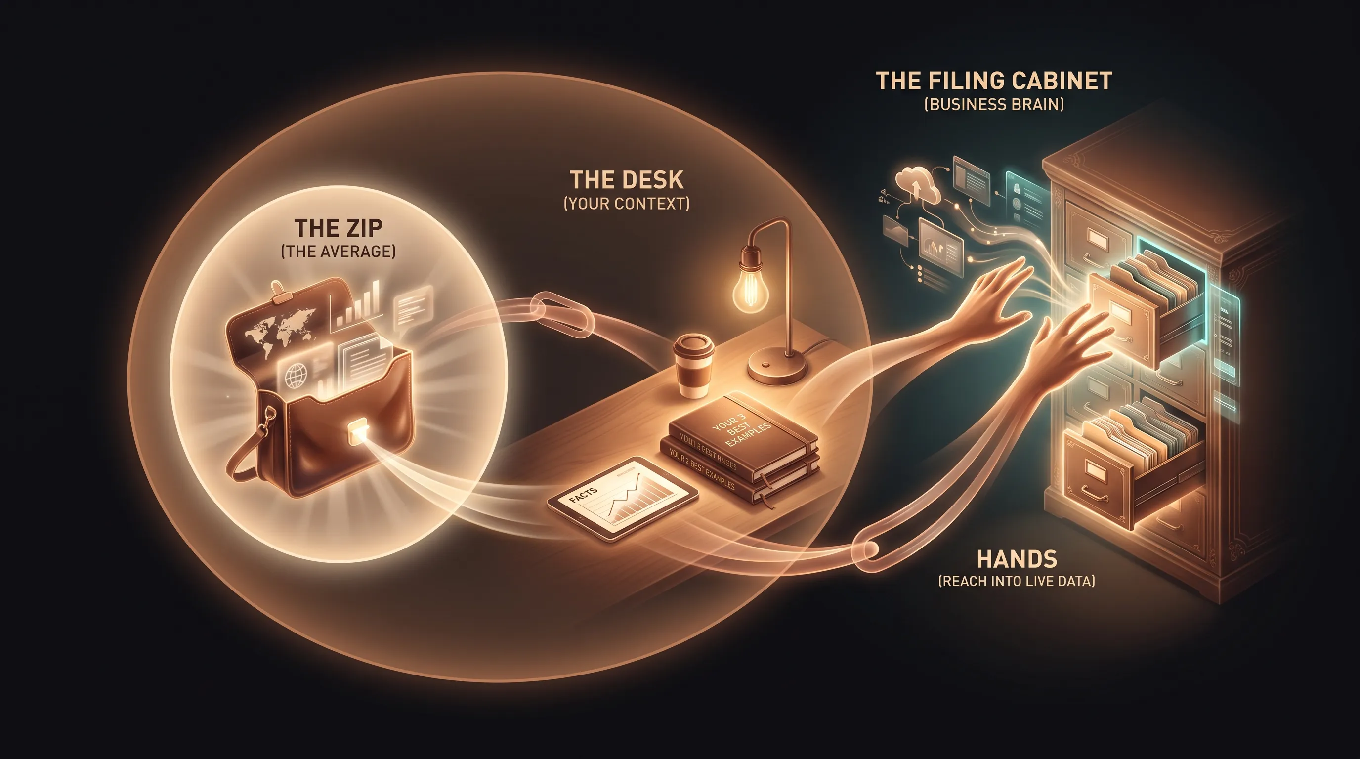 Three nested glowing zones growing in capability, labeled THE ZIP (THE AVERAGE), THE DESK (YOUR CONTEXT) holding FACTS and YOUR 3 BEST EXAMPLES, and THE FILING CABINET (BUSINESS BRAIN), with an arm labeled HANDS reaching into live data