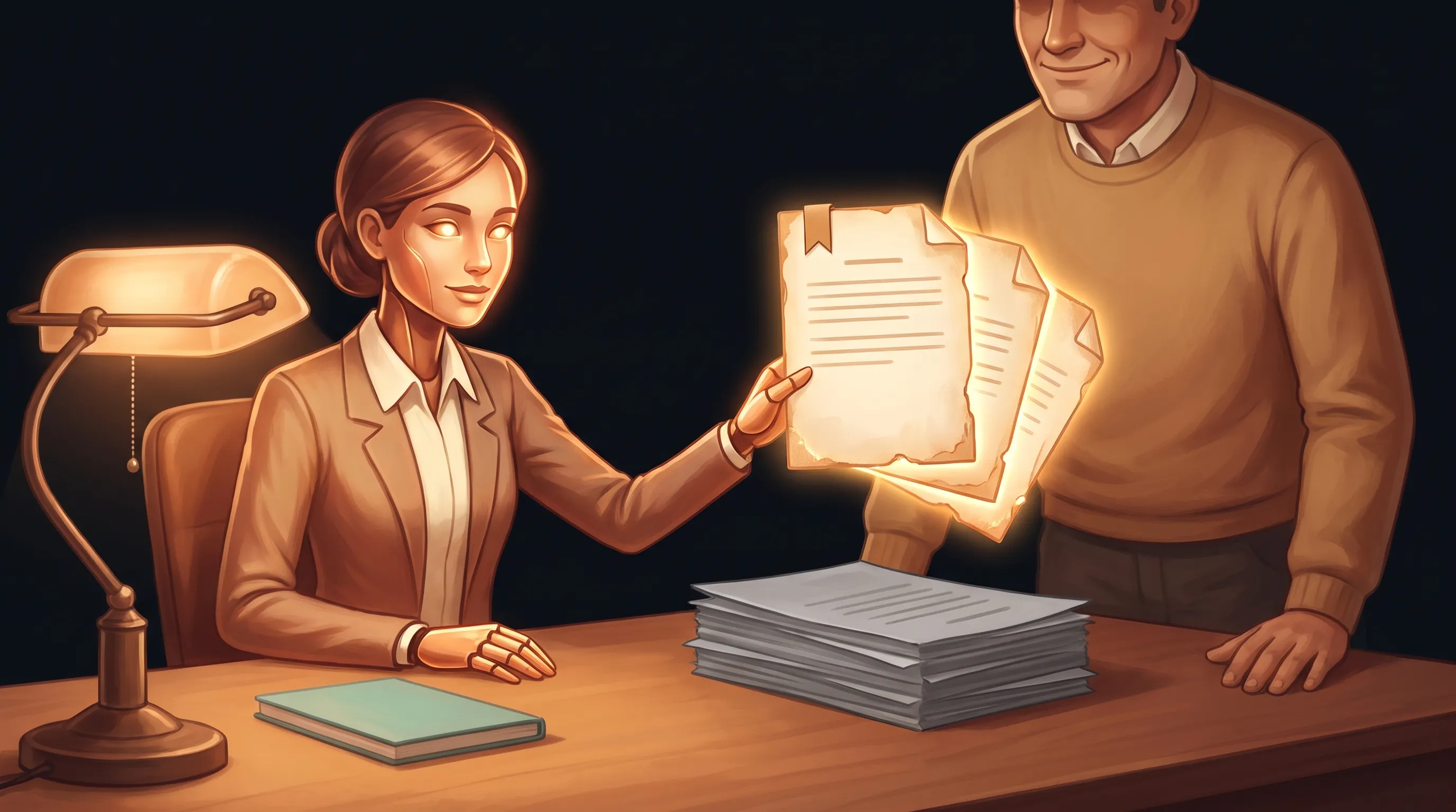 A warm amber AI employee at a desk reaching past a tall stack of generic gray pages for three glowing proposals the owner is proud of