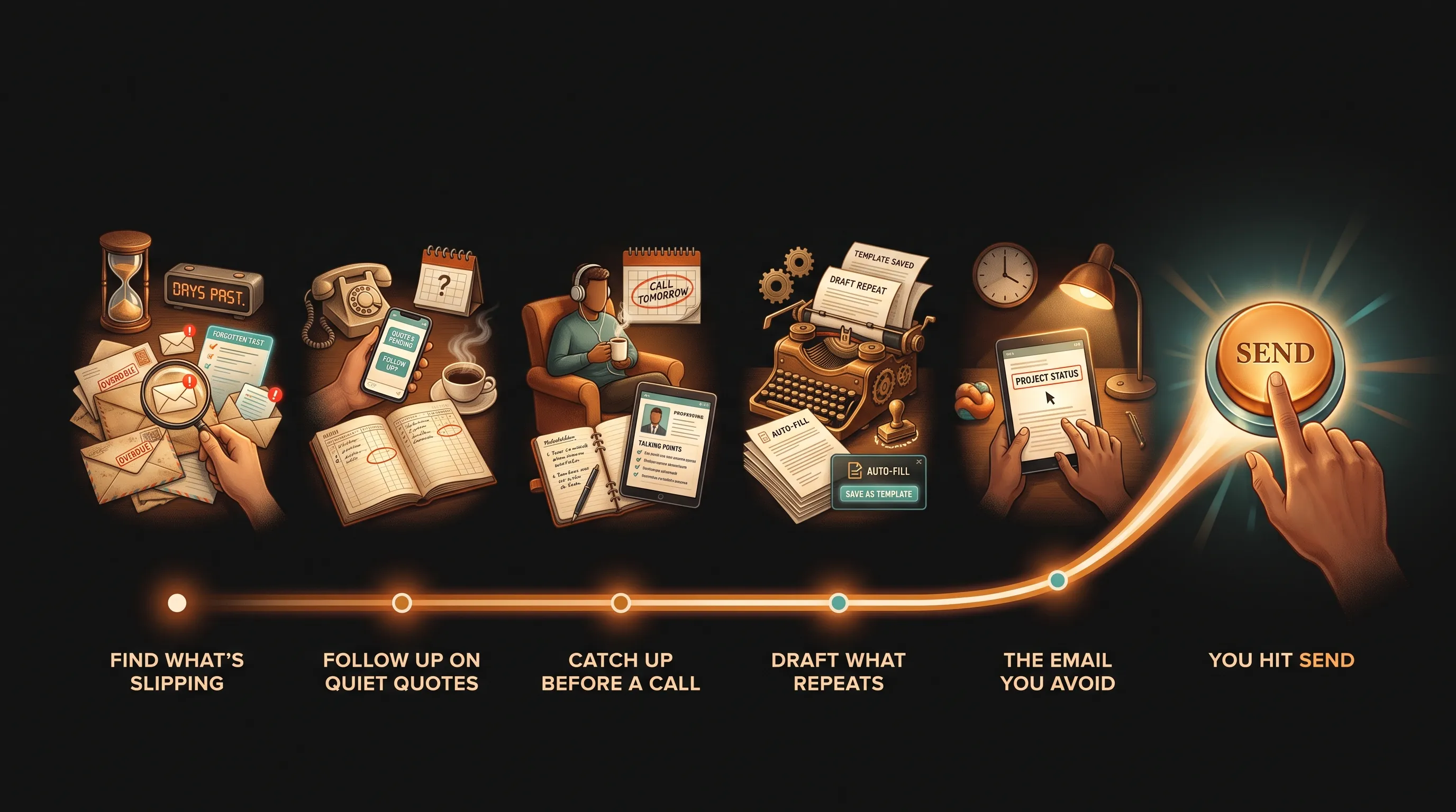 Five inbox jobs flowing left to right into a single decision point: FIND WHAT'S SLIPPING, FOLLOW UP ON QUIET QUOTES, CATCH UP BEFORE A CALL, DRAFT WHAT REPEATS, THE EMAIL YOU AVOID, all arriving at YOU HIT SEND