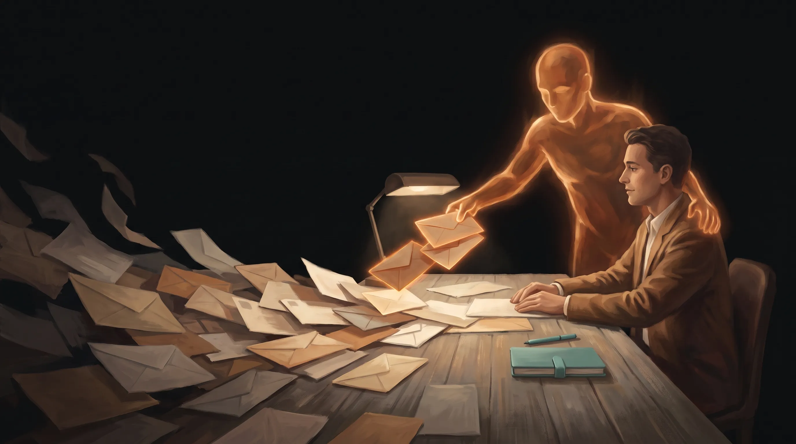 A warm amber AI employee lifting a few important envelopes out of a flooded inbox and handing them to a small-business owner, the rest of the flood left behind