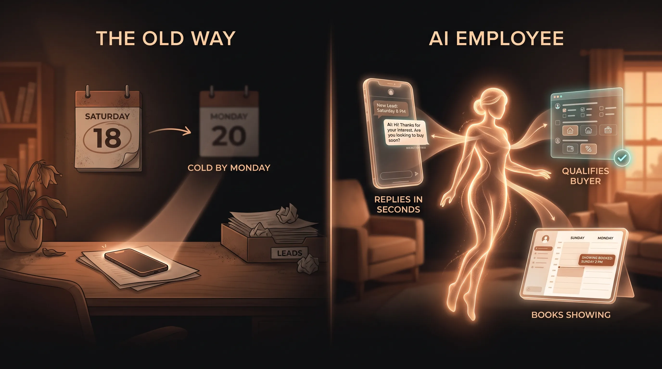 Two versions of a Saturday-evening lead: the old way sits unread until Monday and goes cold, while the AI employee responds in seconds, qualifies the buyer, and books a showing on the agent's calendar