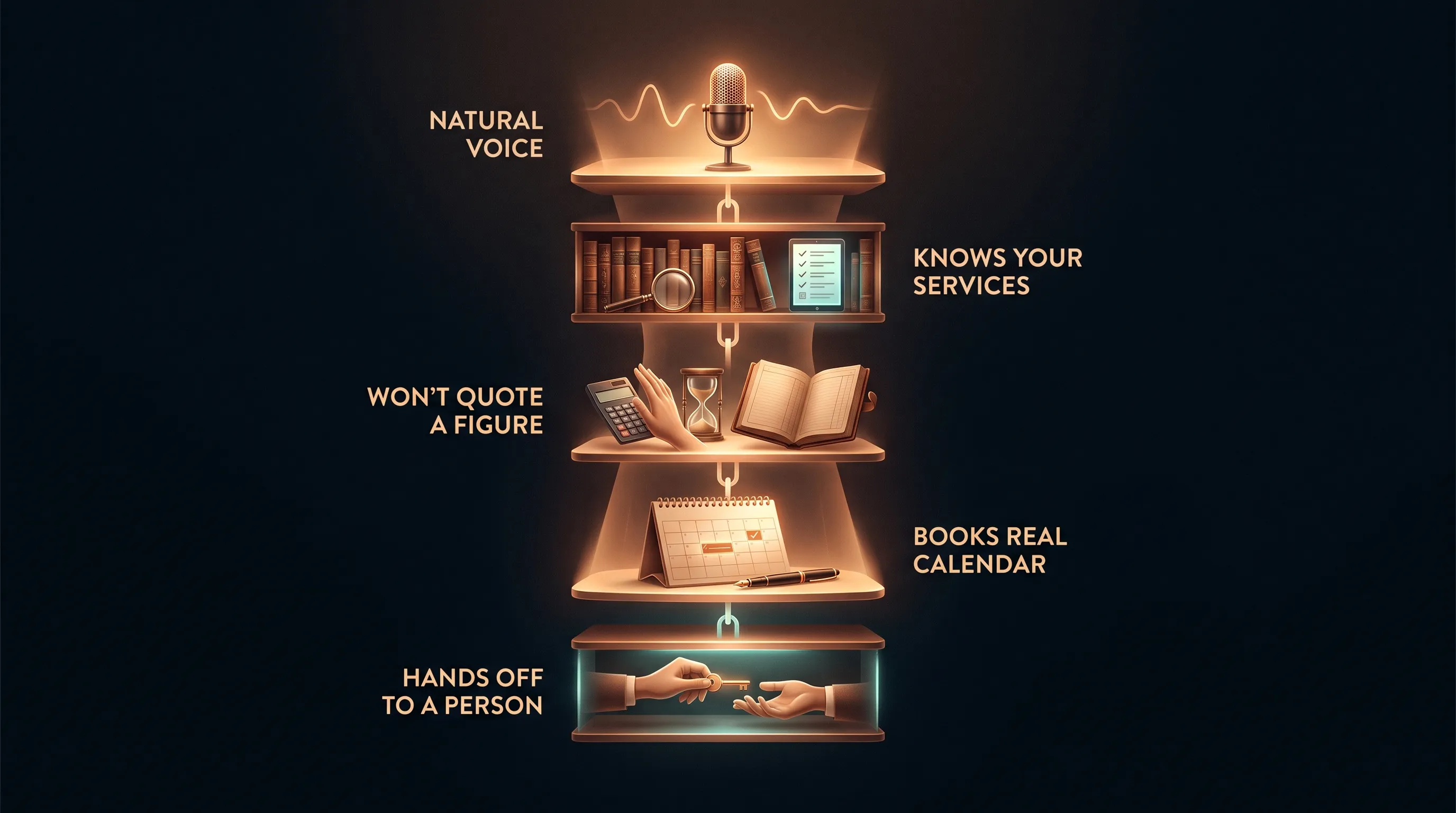 A voice stack shown as glowing stacked layers: NATURAL VOICE on top, resting on KNOWS YOUR SERVICES, WON'T QUOTE A FIGURE, BOOKS REAL CALENDAR, HANDS OFF TO A PERSON