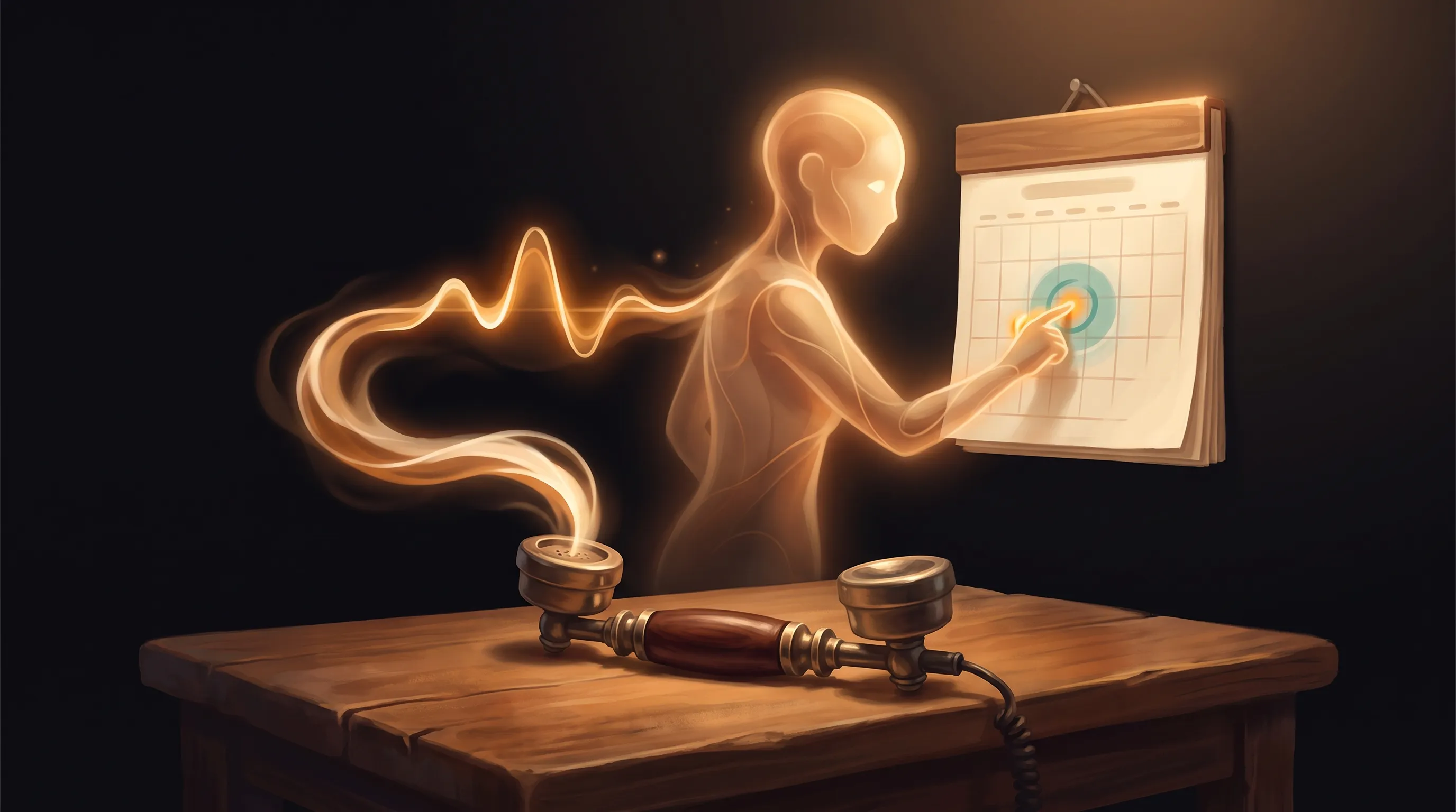 A phone handset with a glowing amber voice waveform rising out of it, a warm AI employee presence locking in a time slot on a softly lit calendar