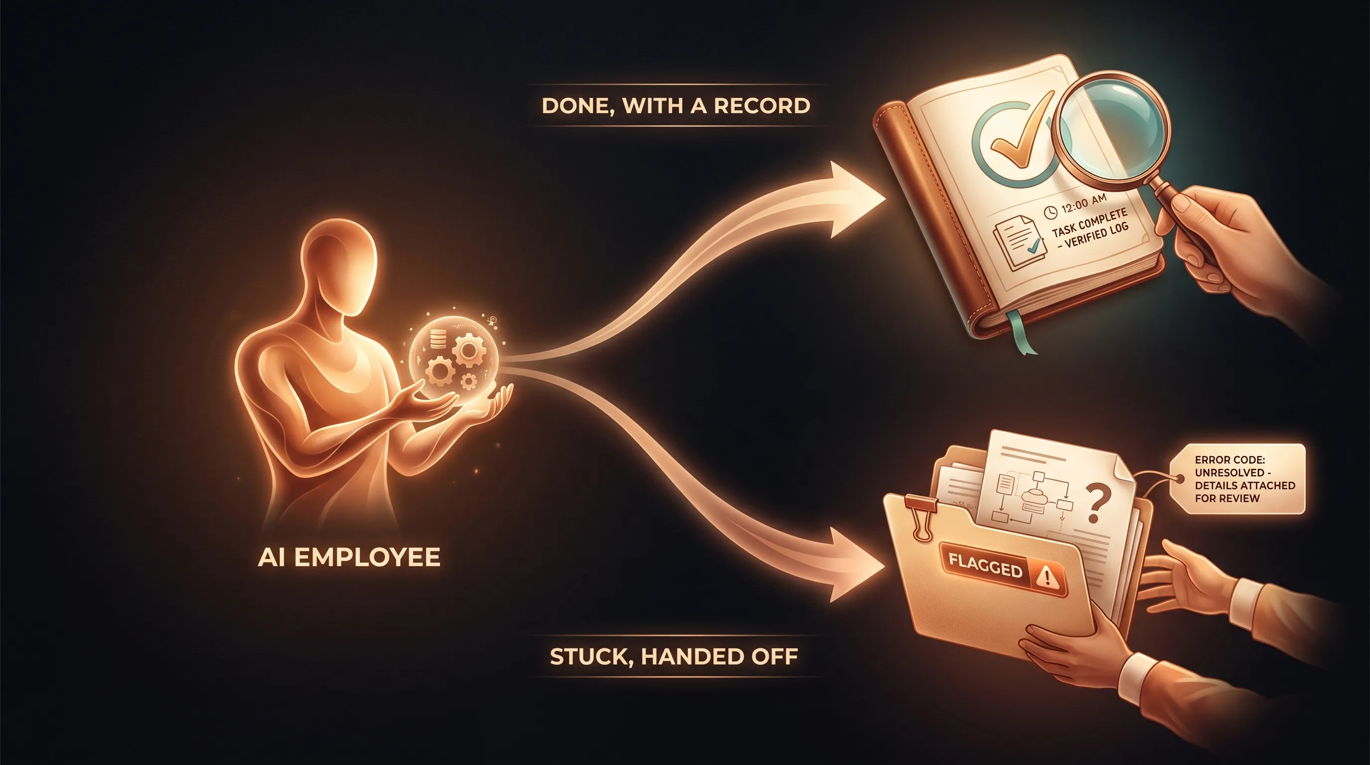 A warm amber AI employee producing a step-by-step receipt for a finished task on one path, and on the other path flagging a task it couldn't finish and handing it to a person with the details attached, instead of faking success