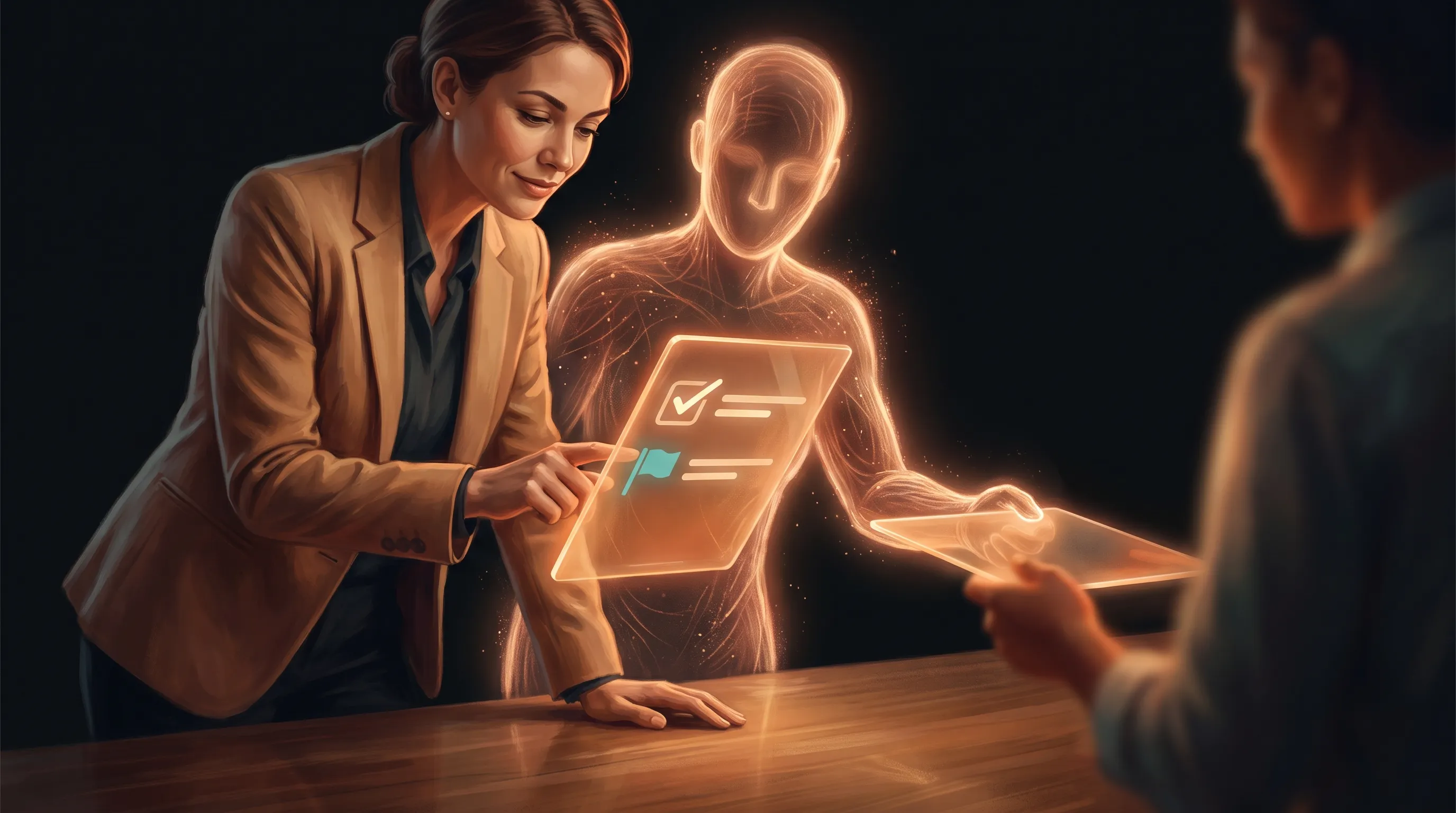 A business owner reviewing a clear step-by-step record produced by a warm amber AI employee, one task marked done with a receipt and one task flagged and handed back to a person