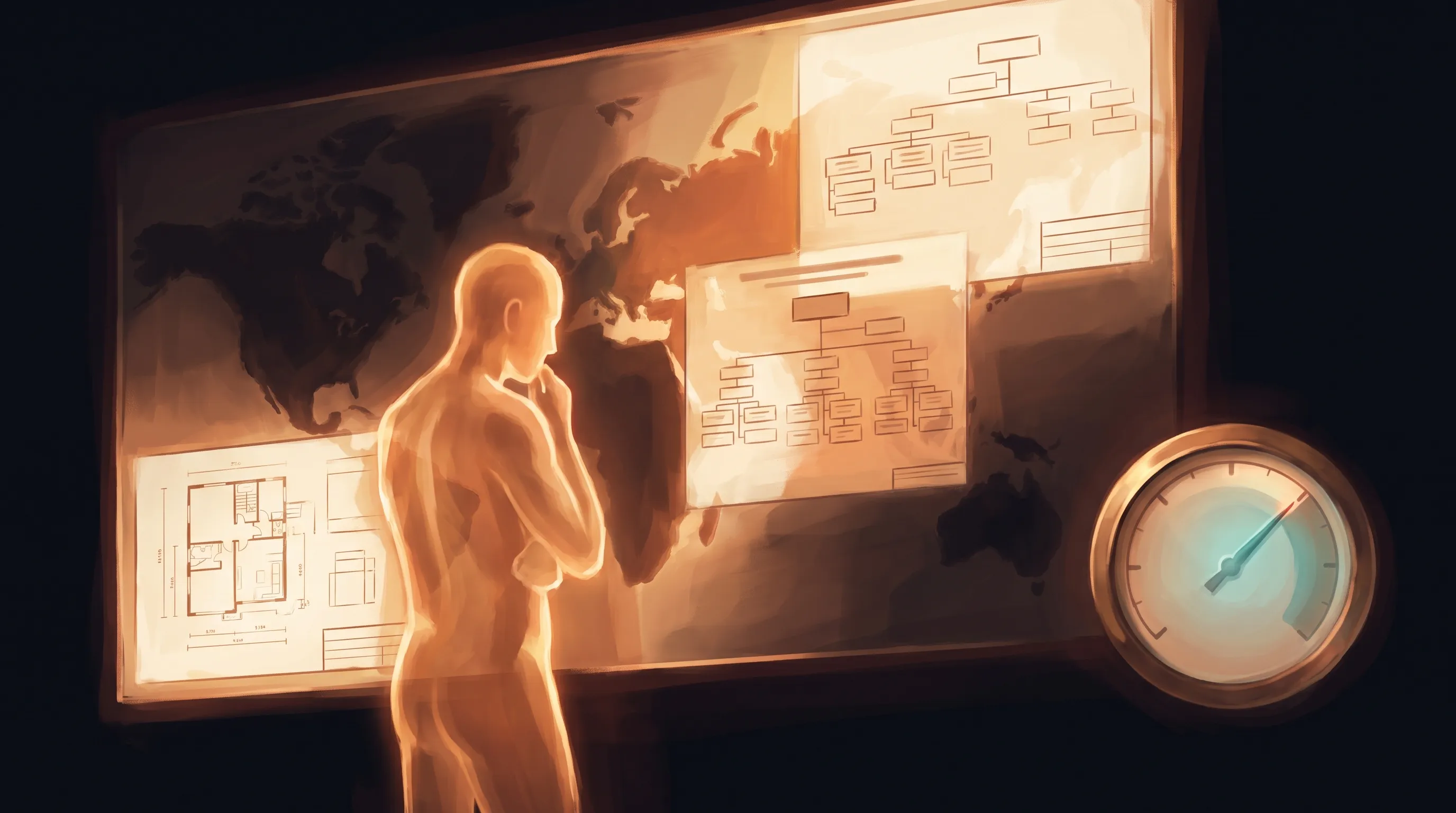 A warm amber AI employee standing before a large map of a business lit up in sections, some parts brightly known and some still dark, with a coverage gauge climbing