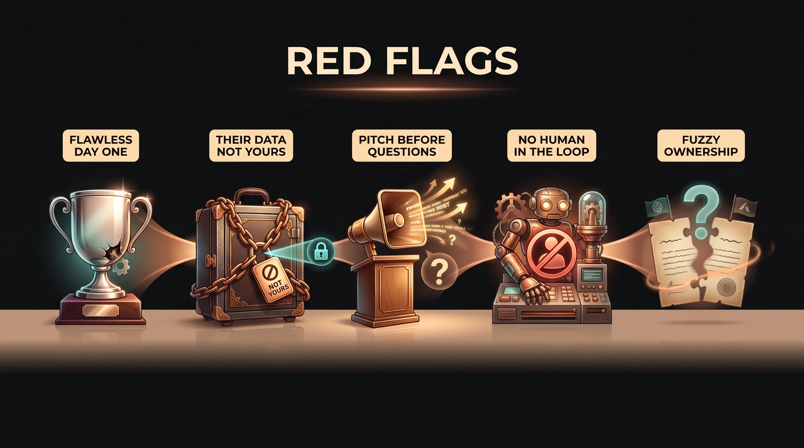 Five red flags in the AI-employee buying process shown as warning markers: the flawless day-one promise, the demo on their data not yours, pitching before asking, no human in the loop, and fuzzy ownership and exit terms