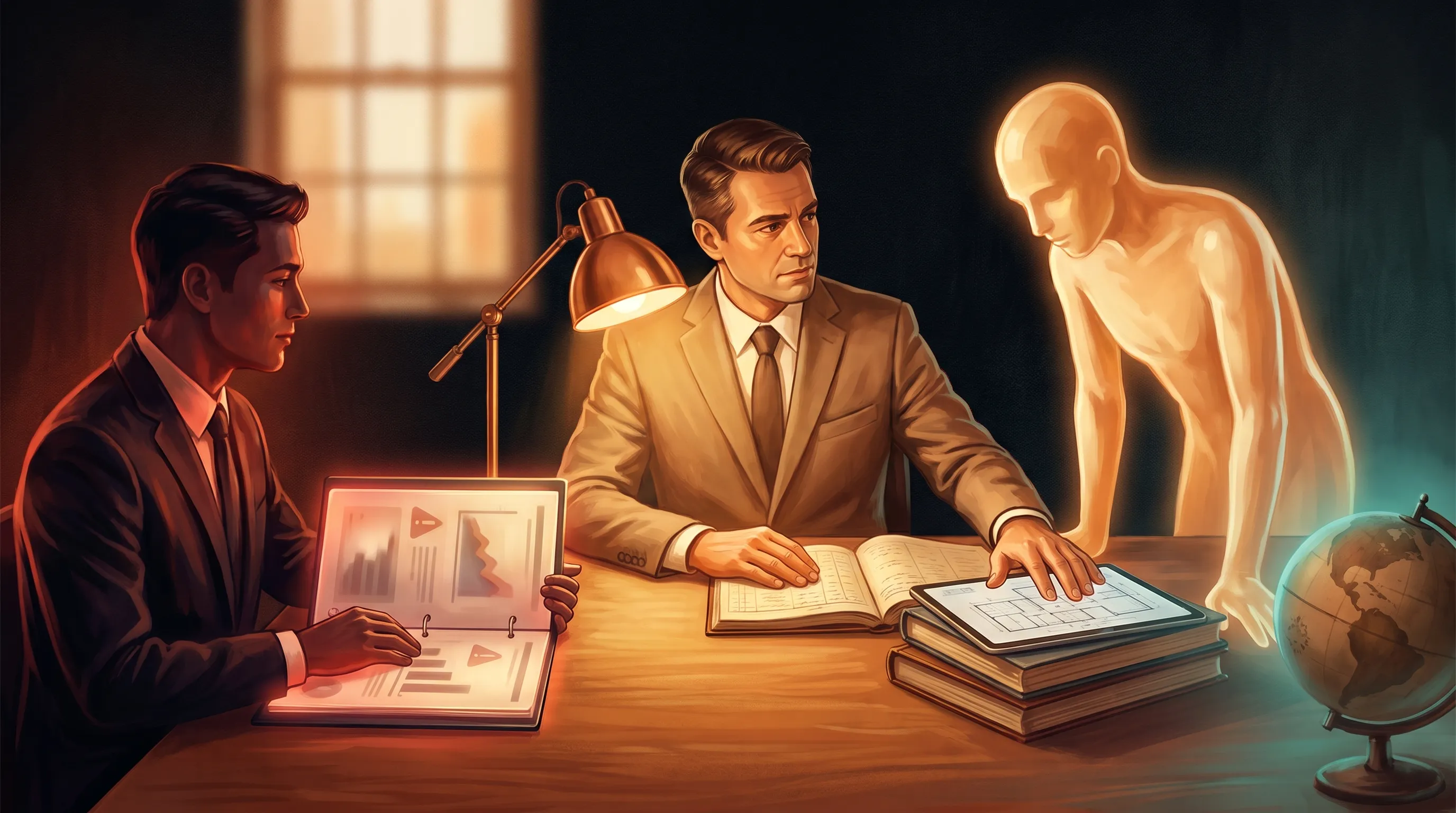 A business owner evaluating an AI employee provider, spotting red flags in the sales pitch while a trustworthy provider runs discovery on the owner's real work