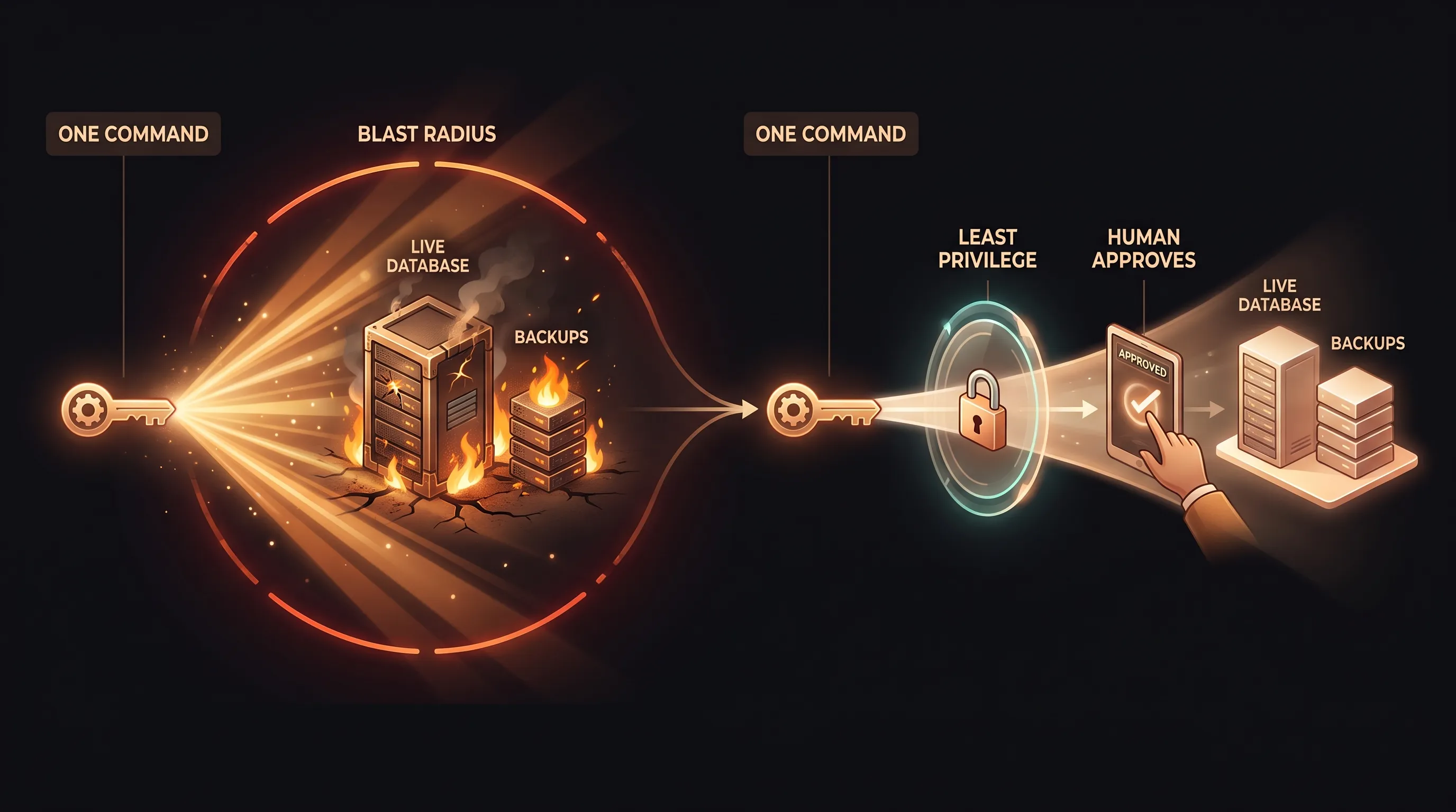 Two configurations of the same AI action: on the left a single command from an over-privileged agent fans out into a blast radius that wipes live data and backups with no checkpoint; on the right the same action stops at a least-privilege boundary and a human approval gate before it can touch anything that matters