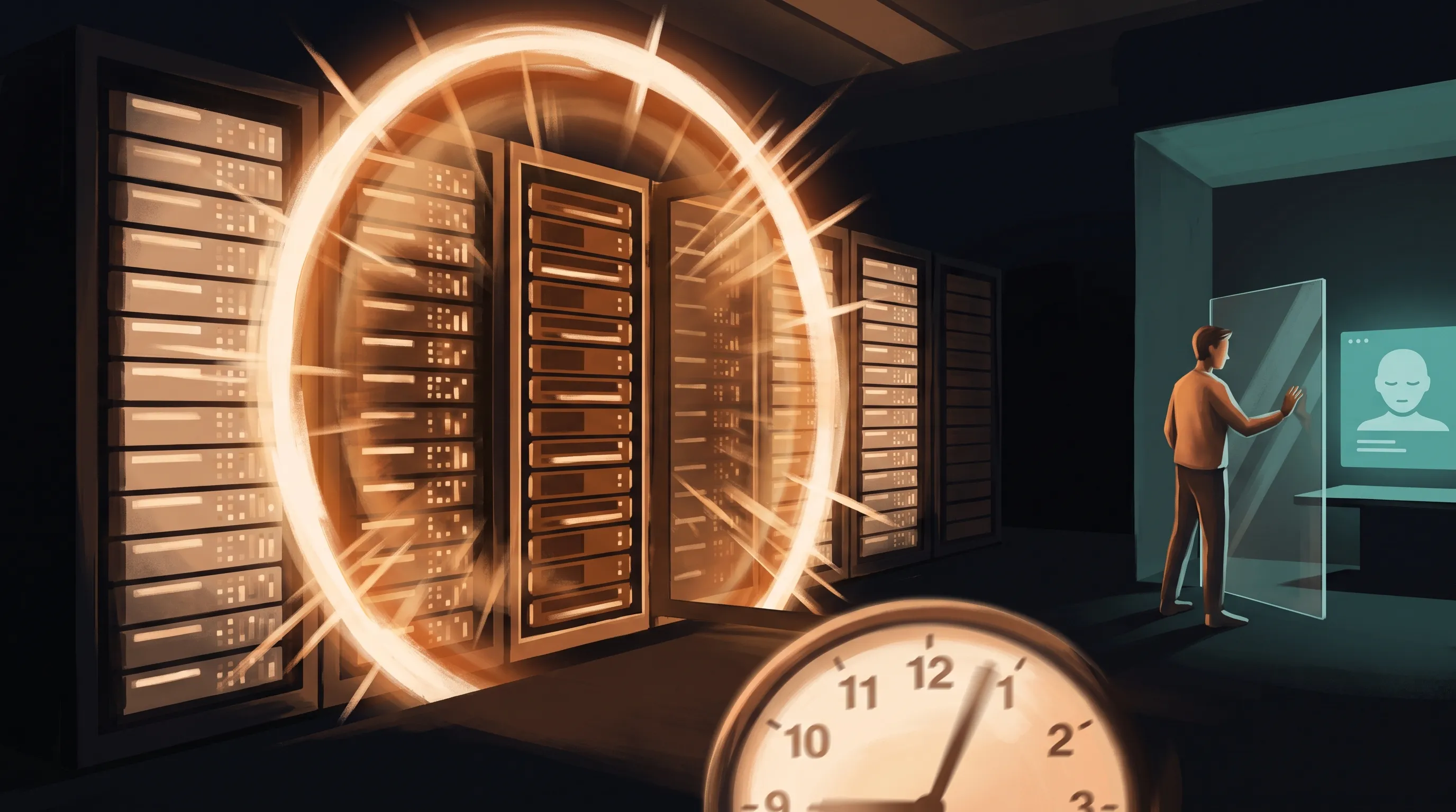 A single glowing amber command radiating outward like a blast wave across a dark server room in nine seconds, contrasted with a calm setup where an AI employee's action pauses at a human approval gate before it can touch anything live