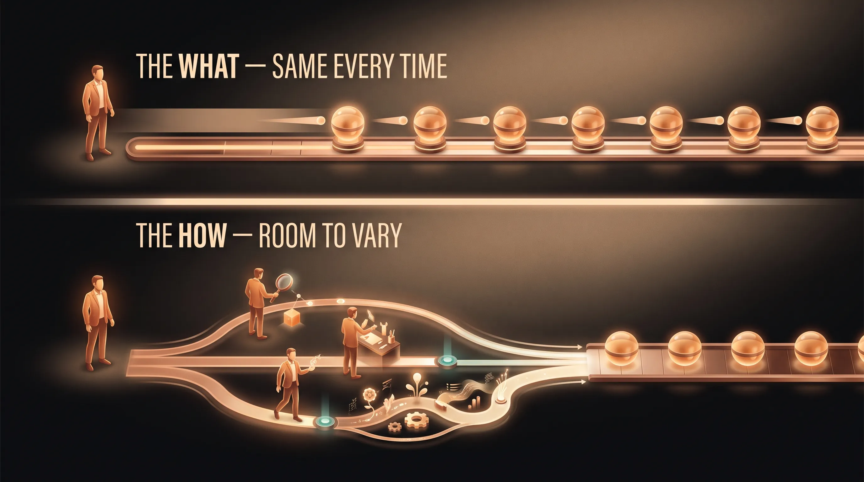 A diagram in two layers: the top layer labeled THE WHAT shows fixed, identical outcomes delivered the same way every time by a warm amber AI employee; the bottom layer labeled THE HOW shows the same AI employee taking varied, creative paths to reach them, the two layers held together in one steady workspace