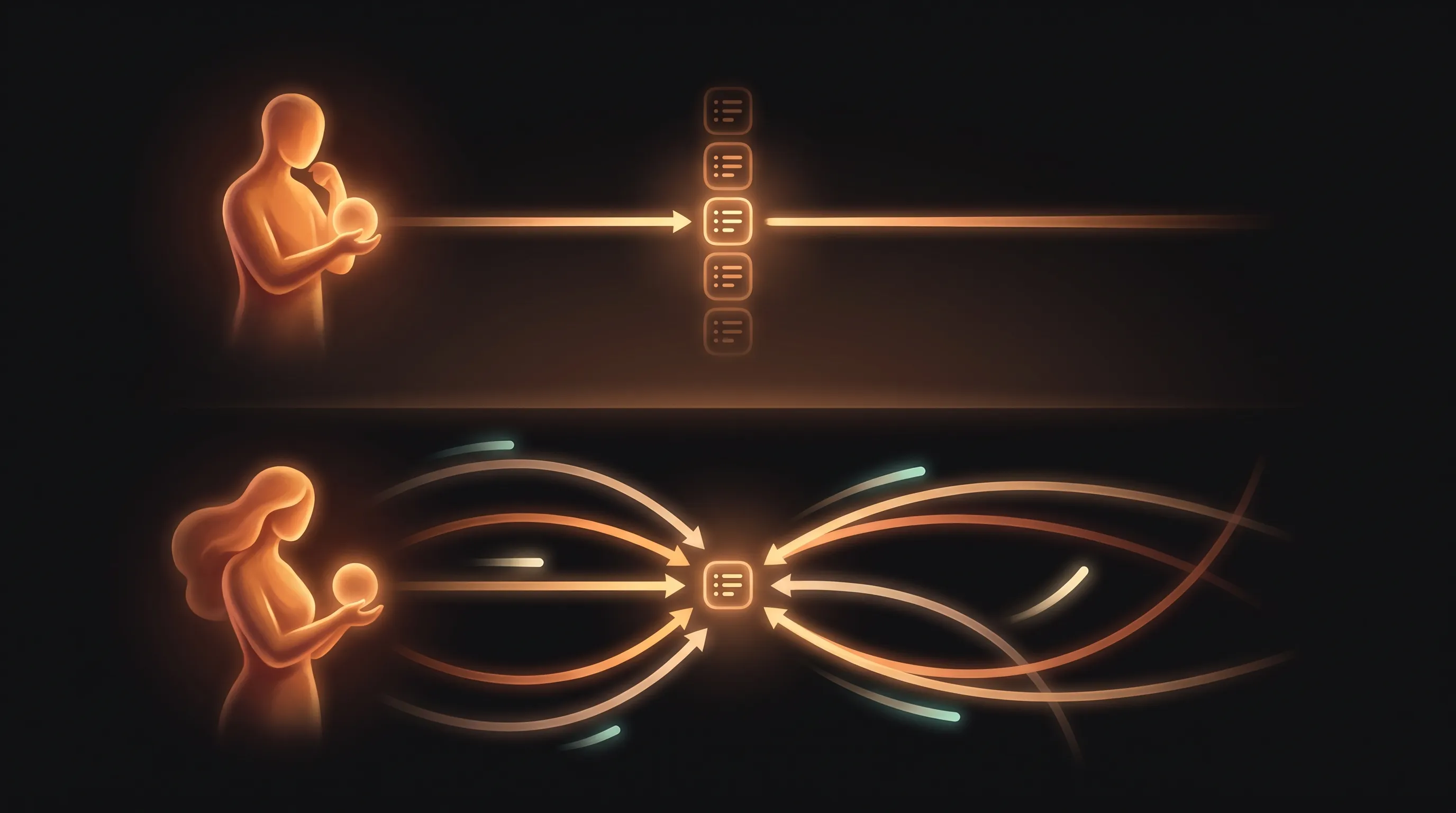 A split scene: on one side a warm amber AI employee reliably delivering the same critical result every time onto a steady line labeled the WHAT, on the other the same AI employee finding a creative, delightful path through the HOW, both held in the same calm workspace