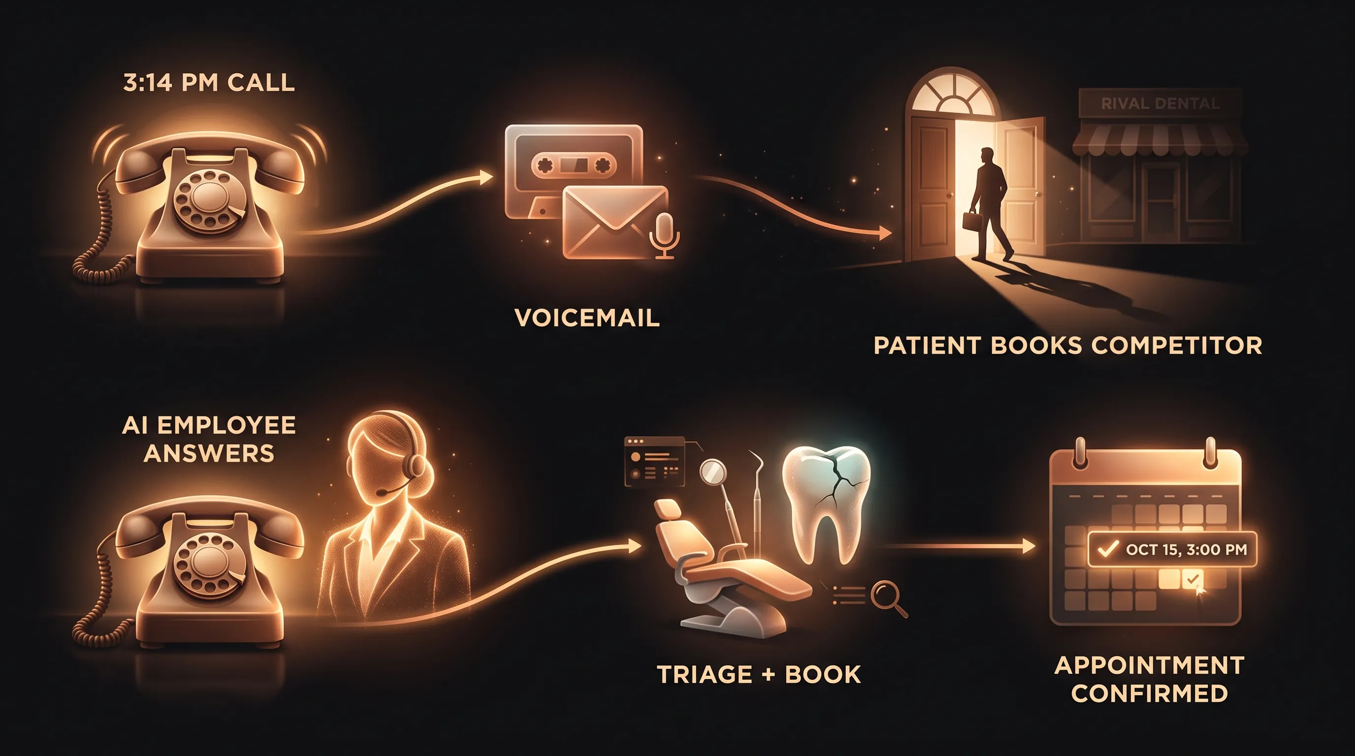 Two versions of a 3pm front-desk call: the old way rolls to voicemail and the patient books a competitor, while the AI employee answers, triages the cracked tooth, and books the appointment on the provider's schedule