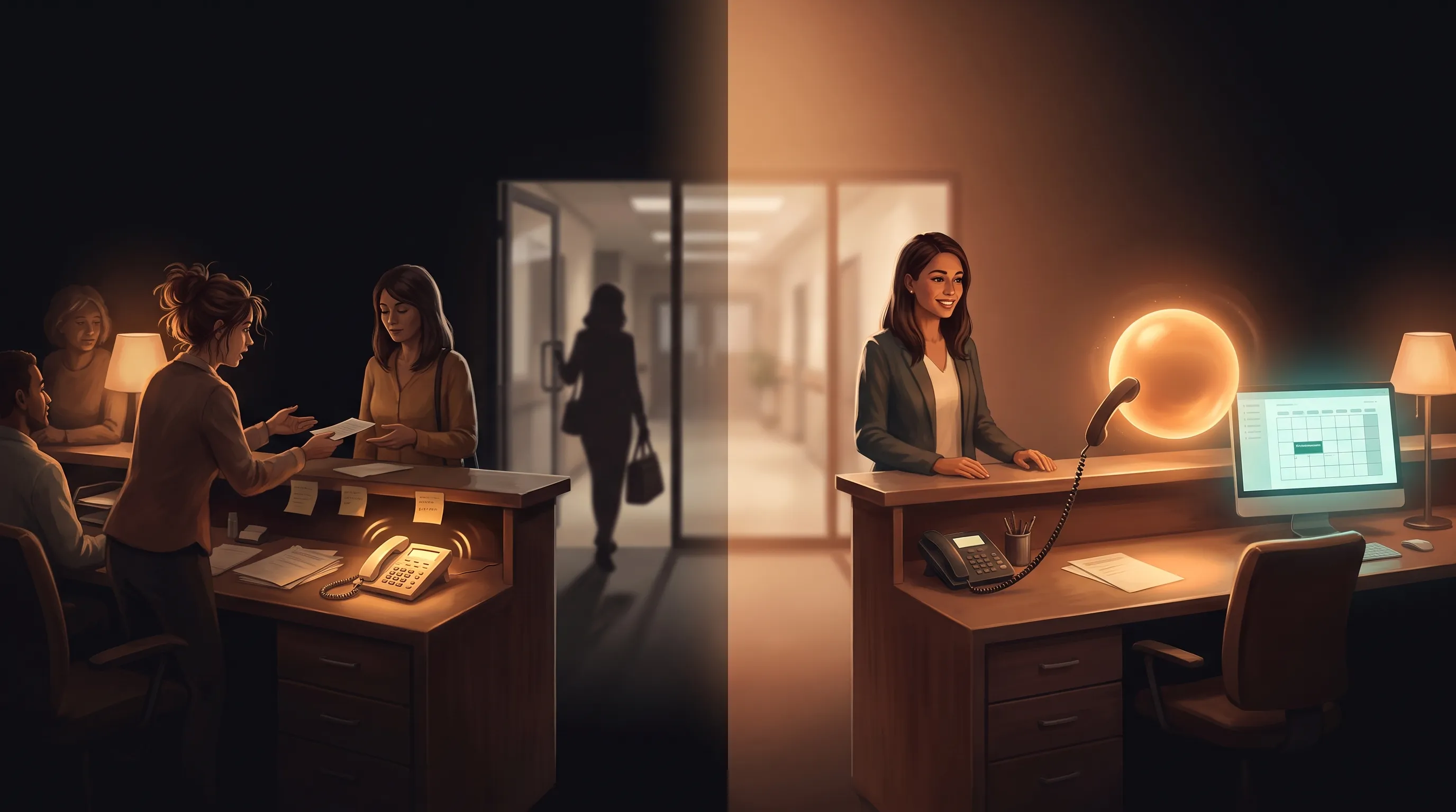 A new patient's call to a dental front desk rolling to voicemail while staff are busy on one side, and an AI employee answering and booking the appointment on the other