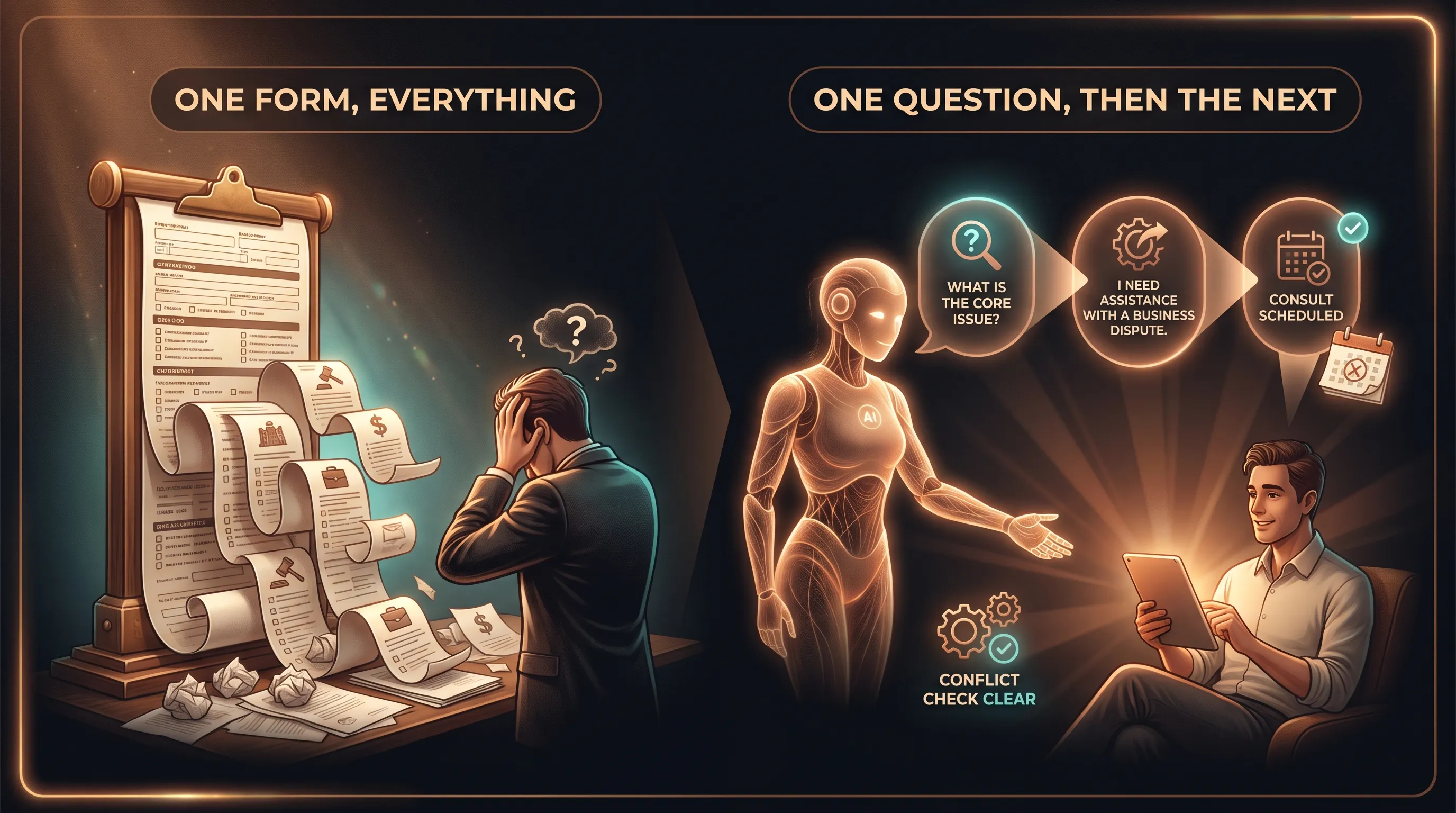On the left, a rigid twenty-two-field form dumps every question at once and the client abandons it; on the right, the AI employee asks one relevant question at a time, each shaped by the last answer, running a quiet conflict check and booking the consult, labeled ONE FORM, EVERYTHING vs ONE QUESTION, THEN THE NEXT