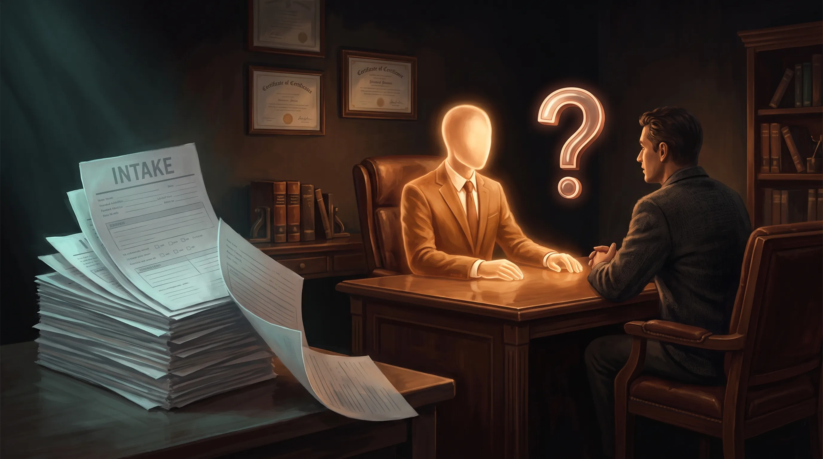 A warm amber AI employee at a small law firm asking a prospective client one focused question at a time across a calm desk, while a cluttered twenty-two-field paper intake form sits abandoned and fading beside them