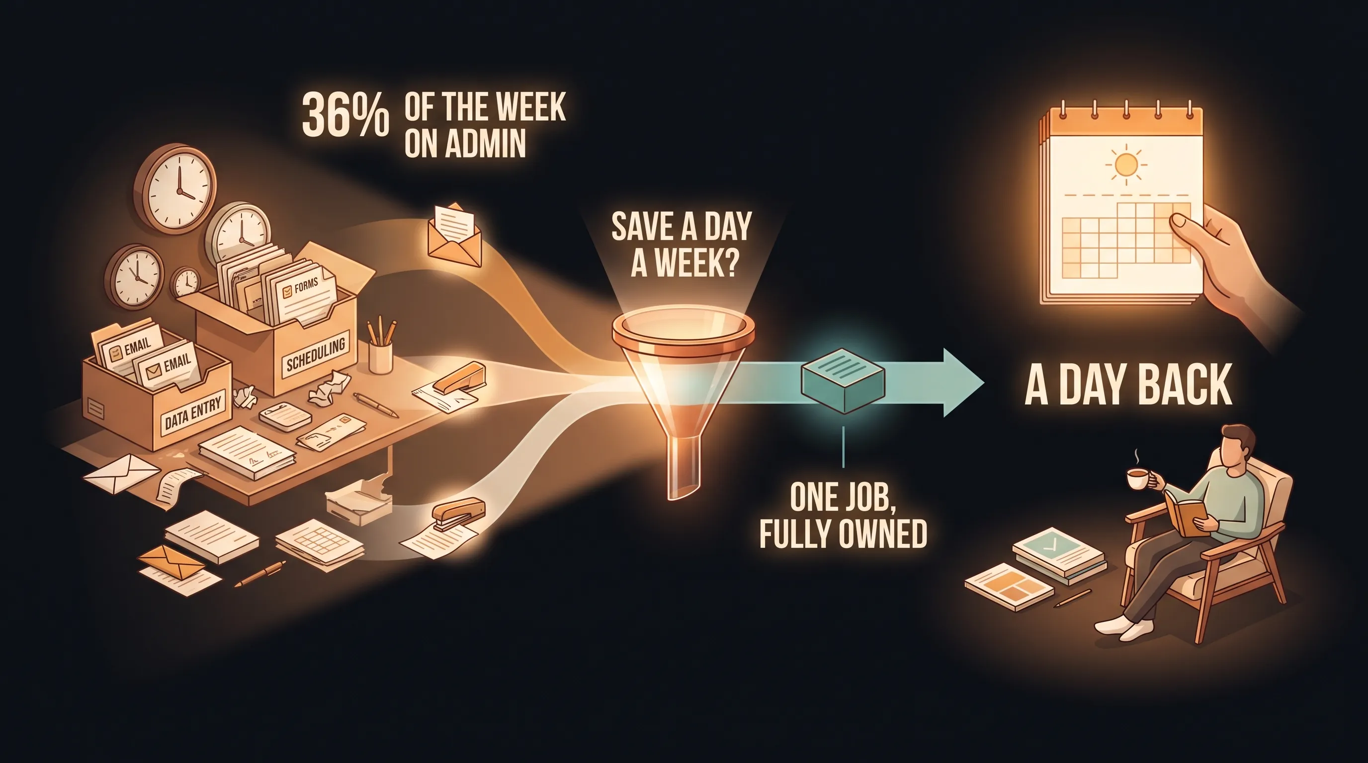 A work week loses a third of its hours to scattered admin tasks; the save-a-day-a-week filter picks the one repetitive job worth handing off, and gives a full day back
