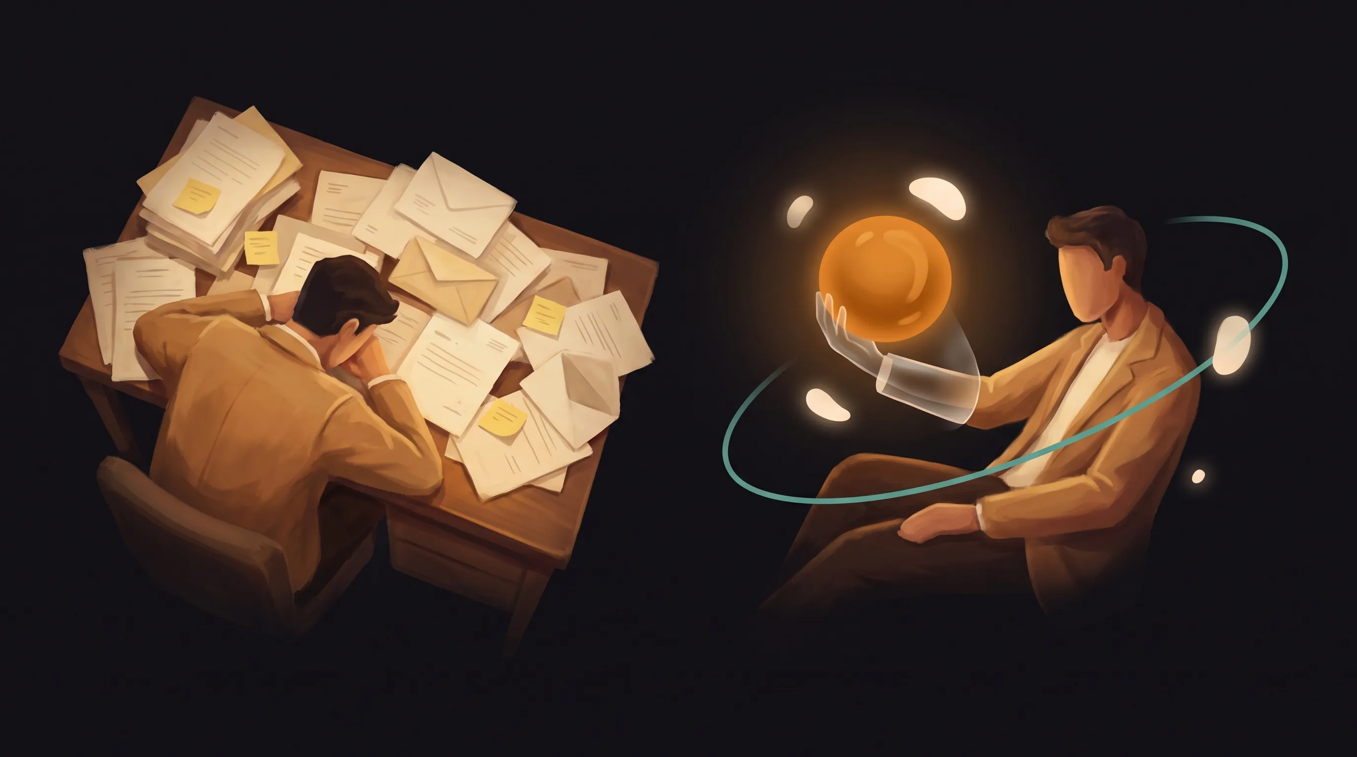 A business owner's overloaded week of small administrative tasks on one side, and a full day given back by an AI employee on the other
