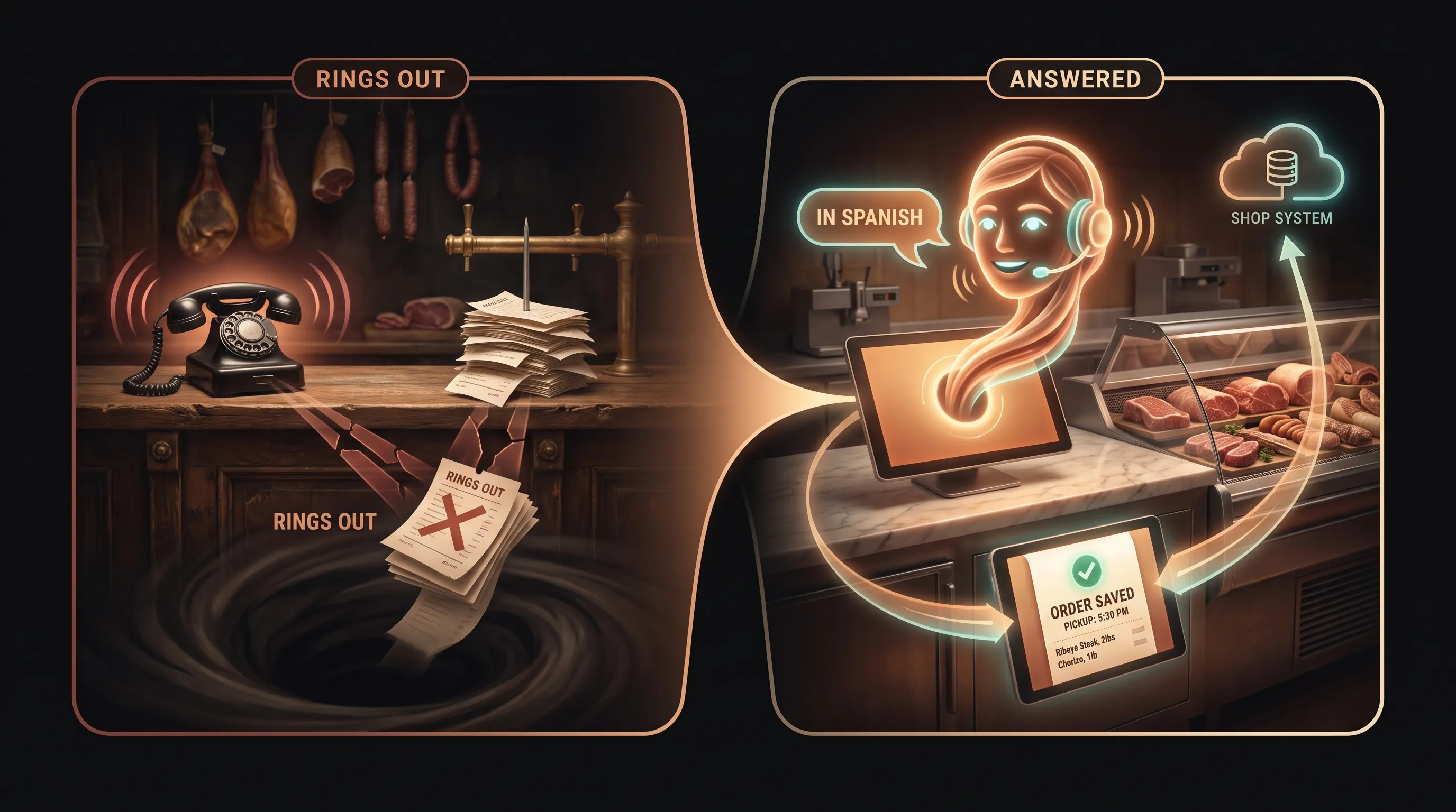 Two versions of a Saturday at a meat-market counter: on one side the phone rings out while the clerk is busy, on the other a warm amber AI employee answers every call, takes the order in the caller's language, and writes it into the shop's system