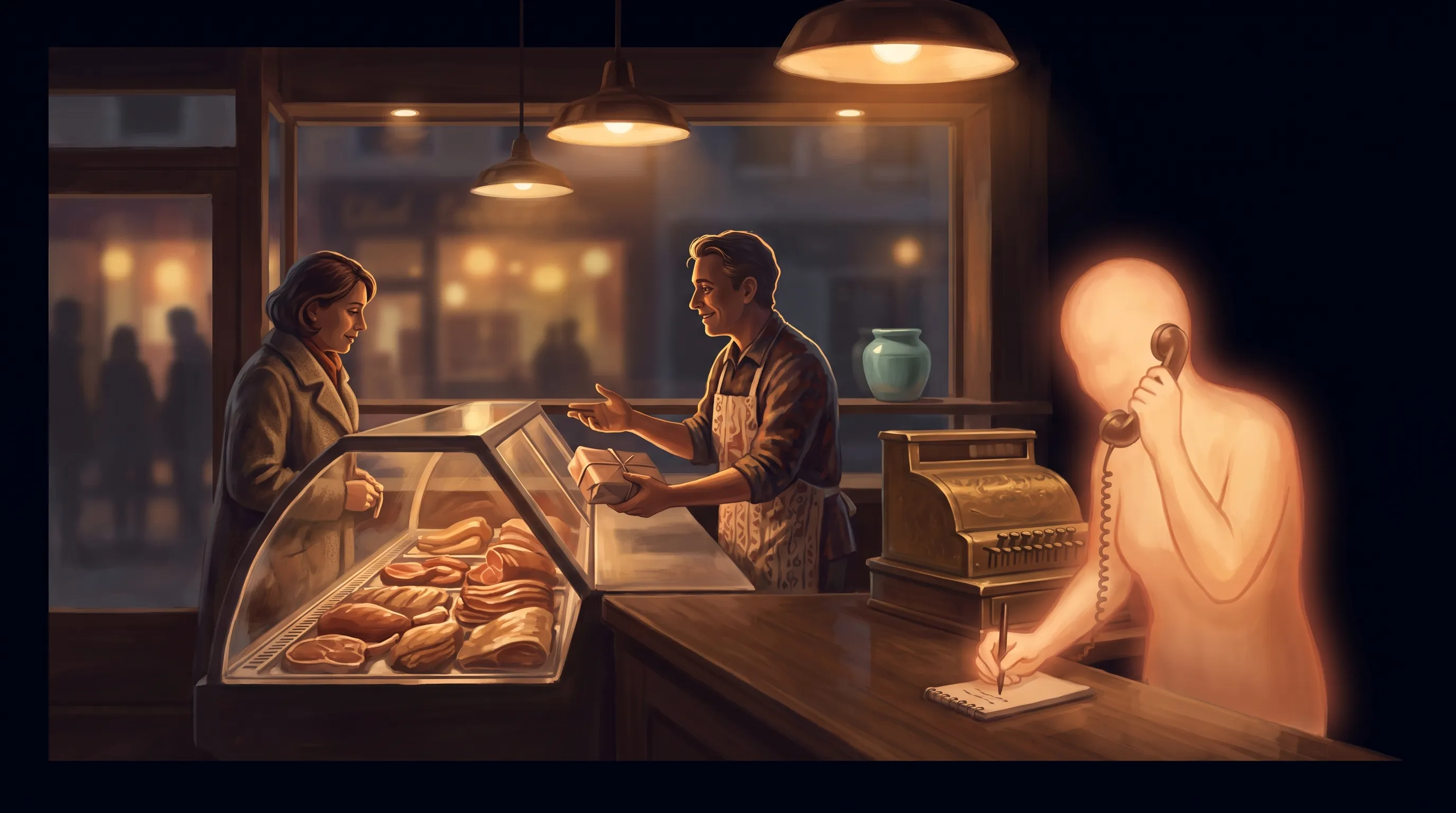 A warm amber AI employee answering the phone at a busy meat-market counter, taking an order and logging it while the person behind the counter keeps serving the customer in front of them