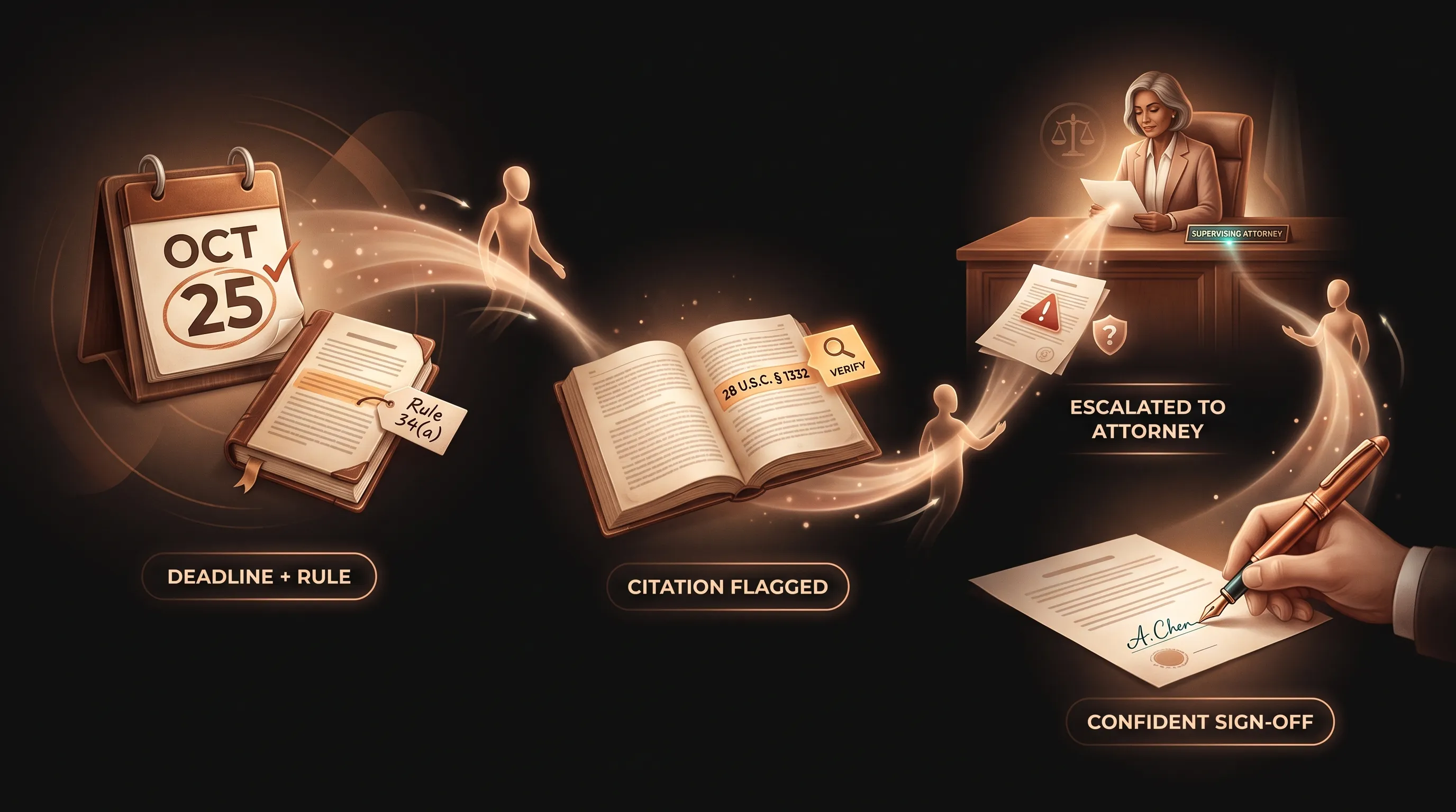 A reasoning trail laid out in three parts: a deadline marked with the rule it came from, a citation flagged for attorney verification, and a risk item escalated to a supervising attorney, all leading to a confident sign-off, labeled SHOW THE WORK, THEN SIGN