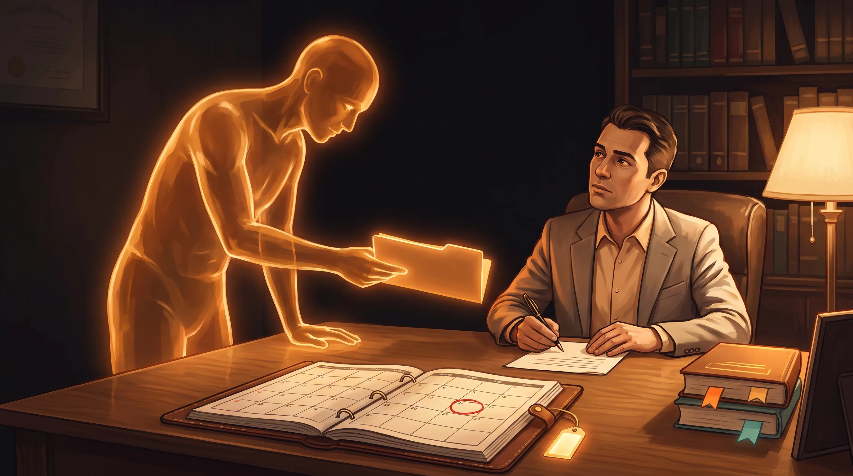 A warm amber AI employee laying out a clear reasoning trail on a desk for a supervising attorney: a marked deadline with its rule, citations flagged for verification, and one item escalated to the human, in a calm night-lit law office