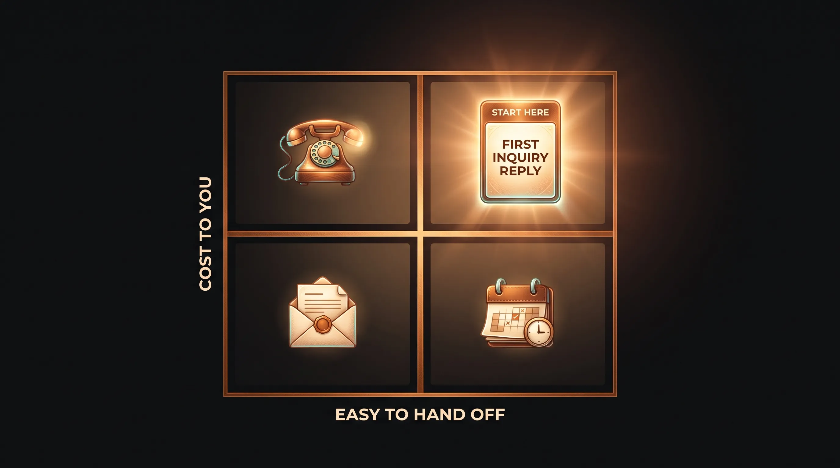 A pick-your-first-job matrix with axes COST TO YOU and EASY TO HAND OFF, a single glowing amber job card in the top-right corner labeled START HERE and FIRST INQUIRY REPLY