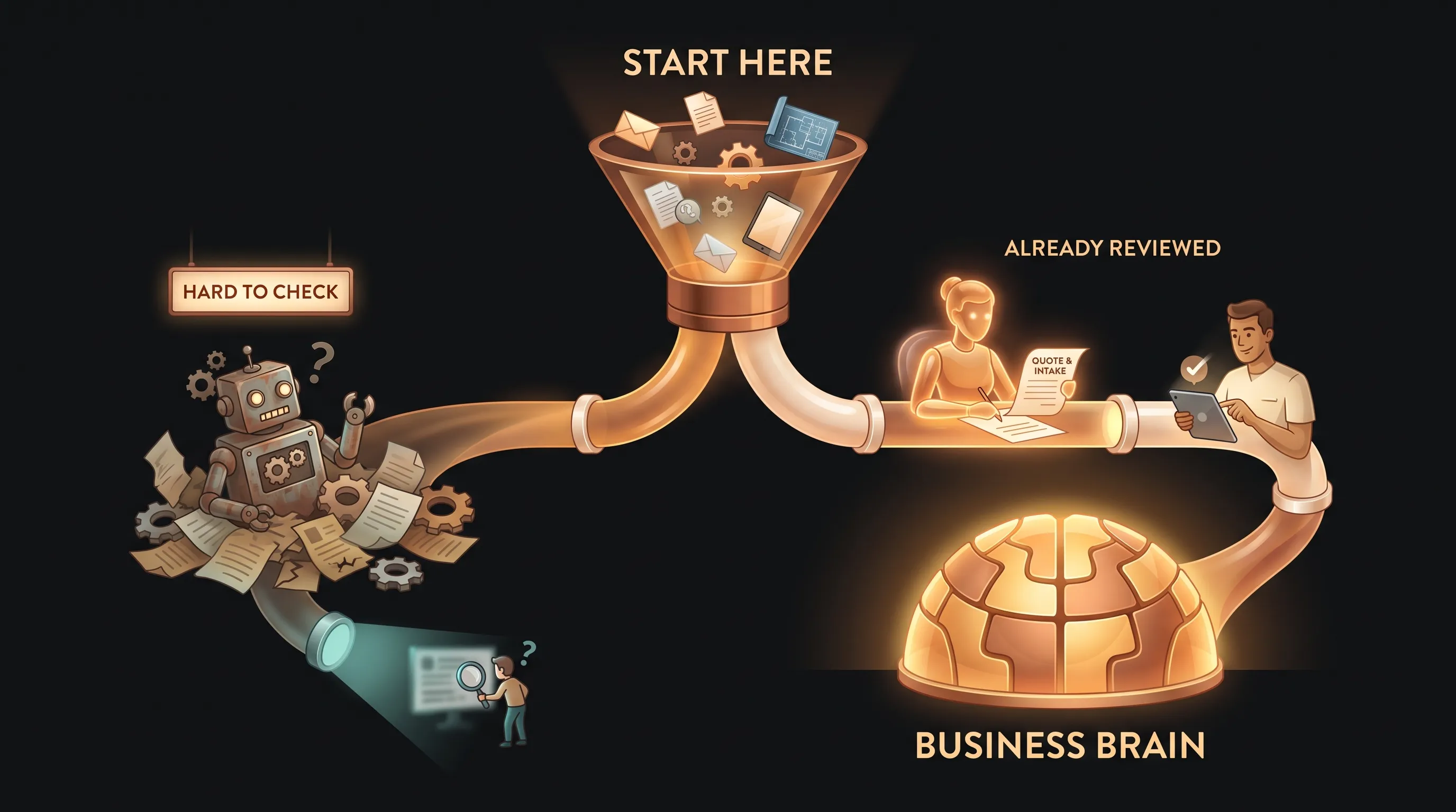 A funnel labeled Start Here: tasks drop in and split into two paths, one marked hard to check where the AI stalls and nobody can tell if it's right, one marked already reviewed where an AI employee drafts the quote or intake and the human check that was always happening confirms it, feeding a Business Brain