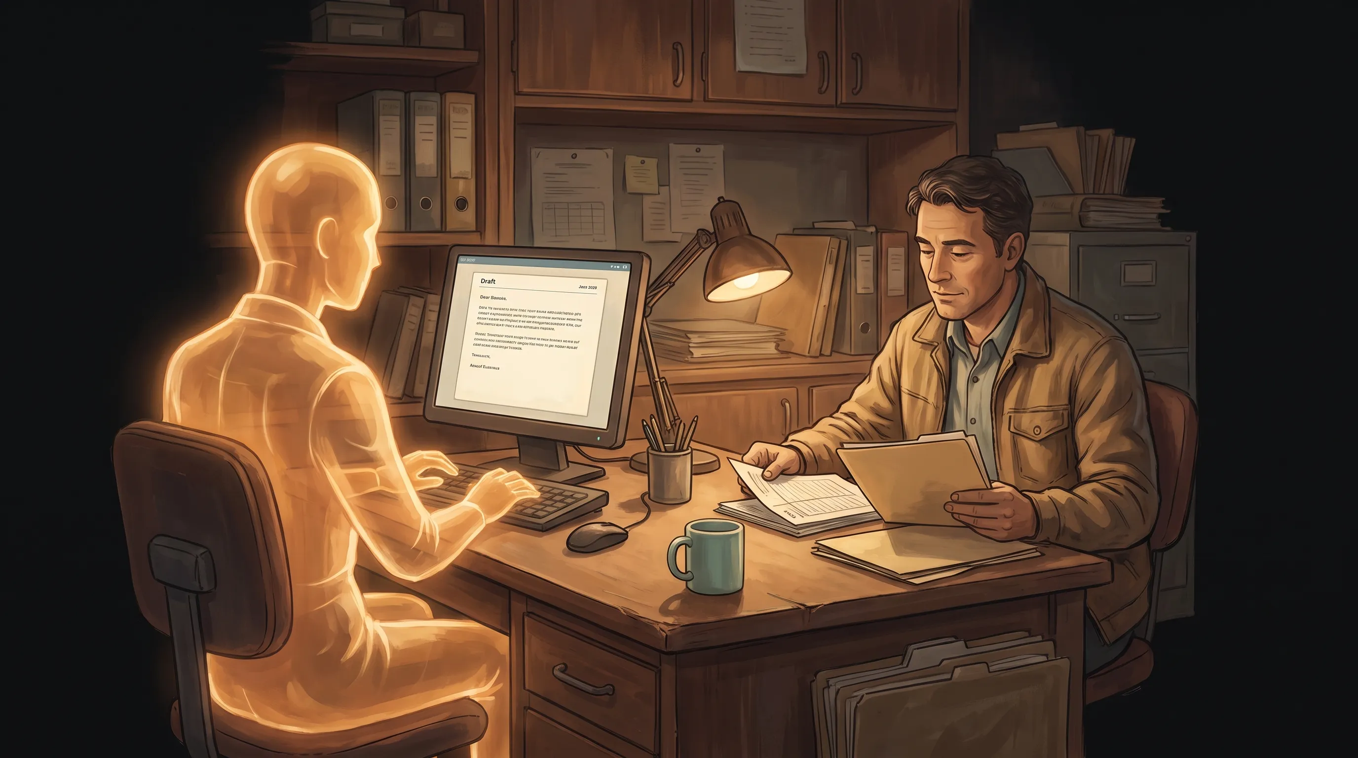 A warm amber AI employee drafting a quote at a small business while the owner reviews it side by side against their own records, the review desk already part of the workflow rather than an added step